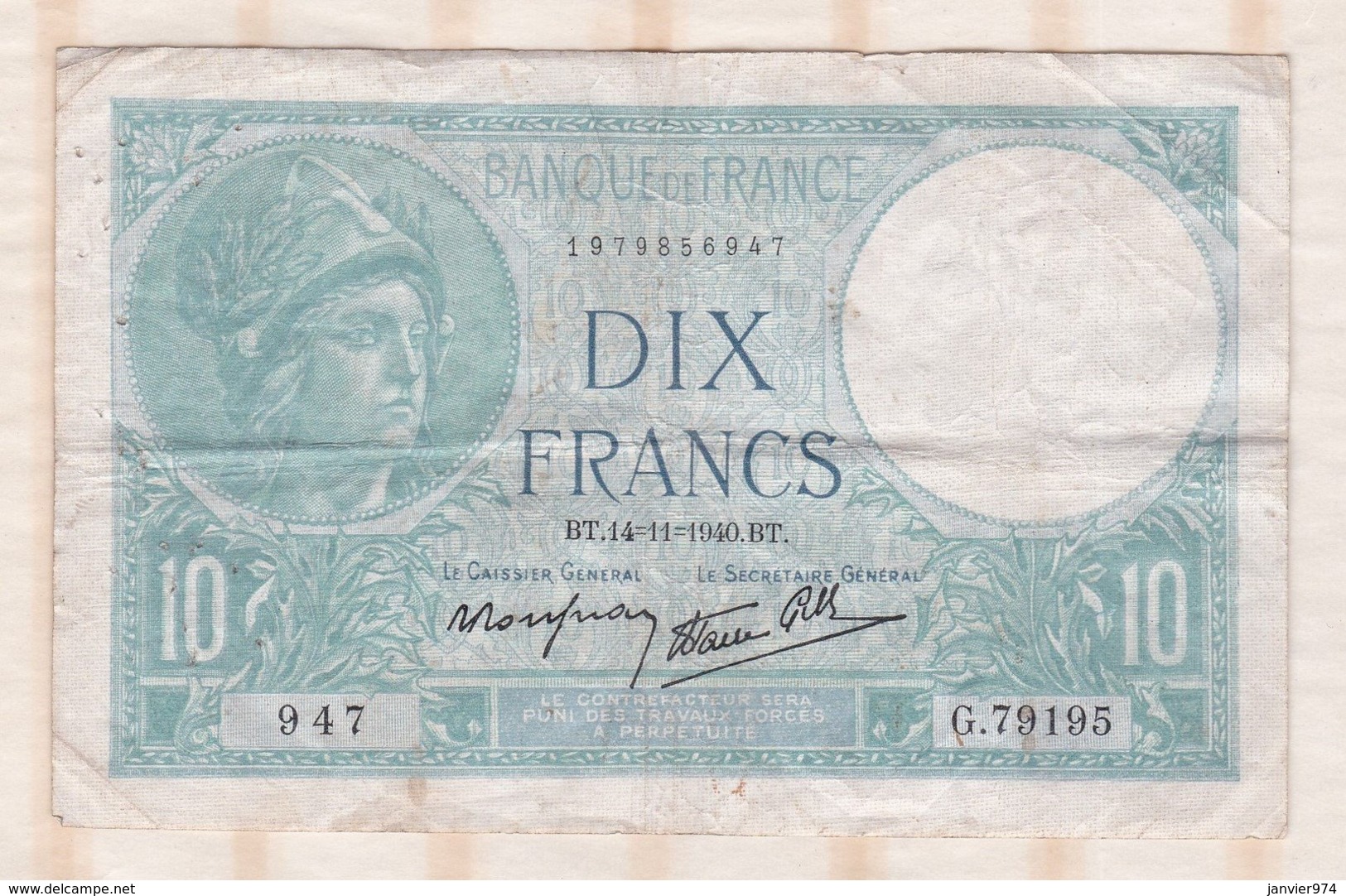 10 Francs Minerve 14 – 11 - 1940. Alphabet G.79195 N° 947 - 10 F 1916-1942 ''Minerve''