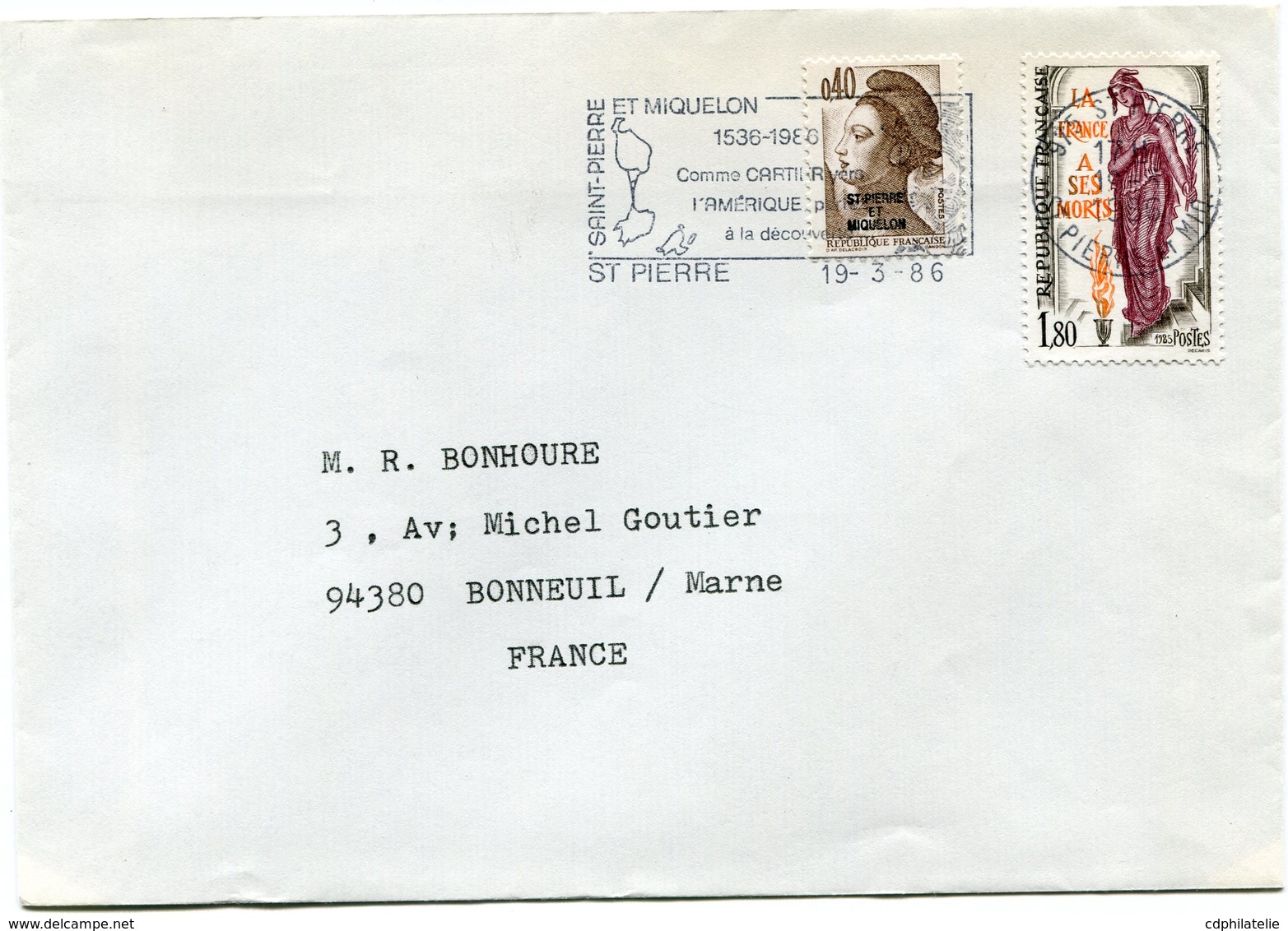 SAINT PIERRE ET MIQUELON LETTRE AVEC AFFRANCHISSEMENT MIXTE SPM / FRANCE DEPART ST PIERRE 19-3-86 POUR LA FRANCE - Lettres & Documents