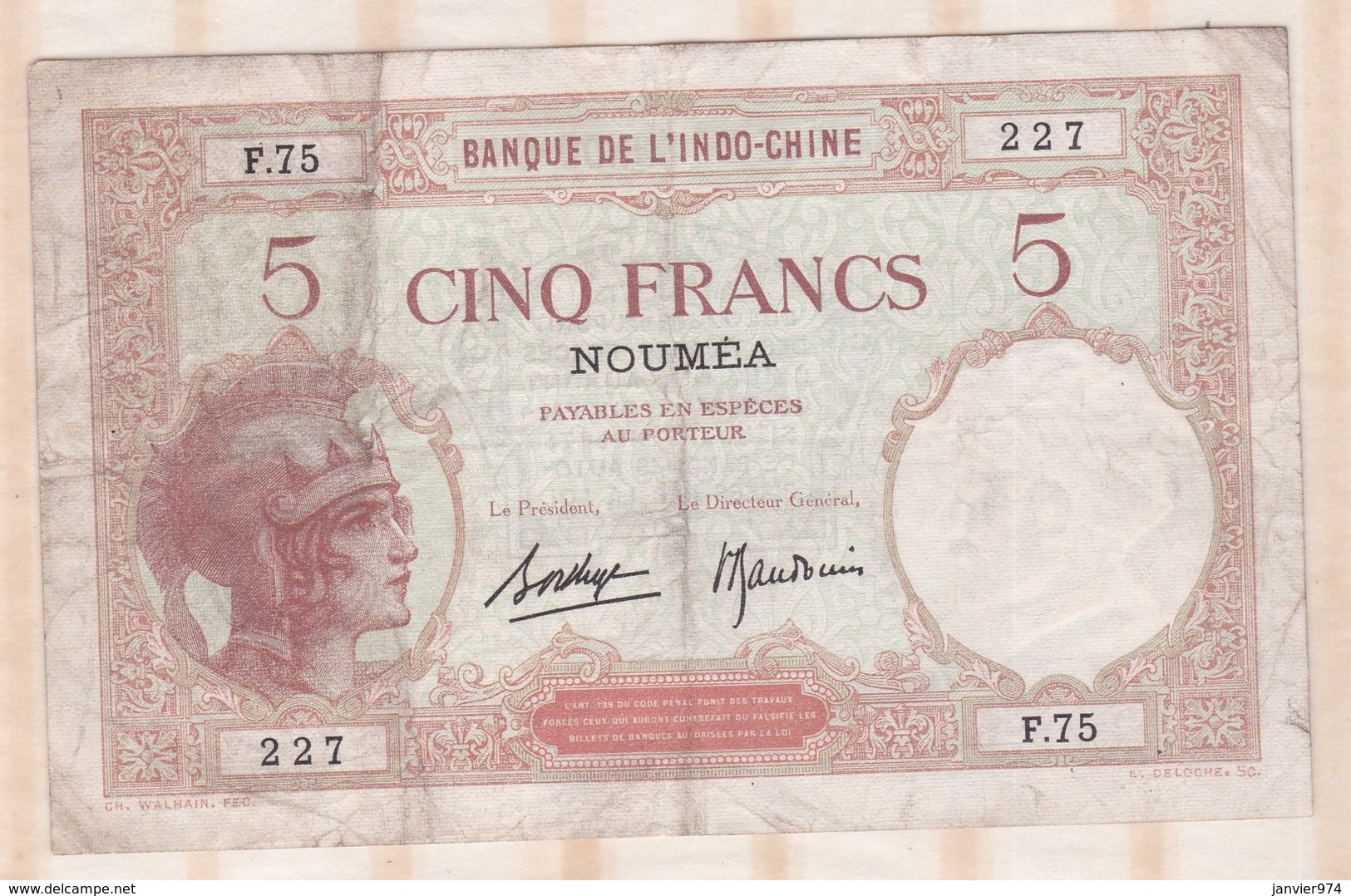 Banque De L'Indochine. Surcharge Nouméa.  5 Francs, Alphabet F.75 N° 227 - Indochine