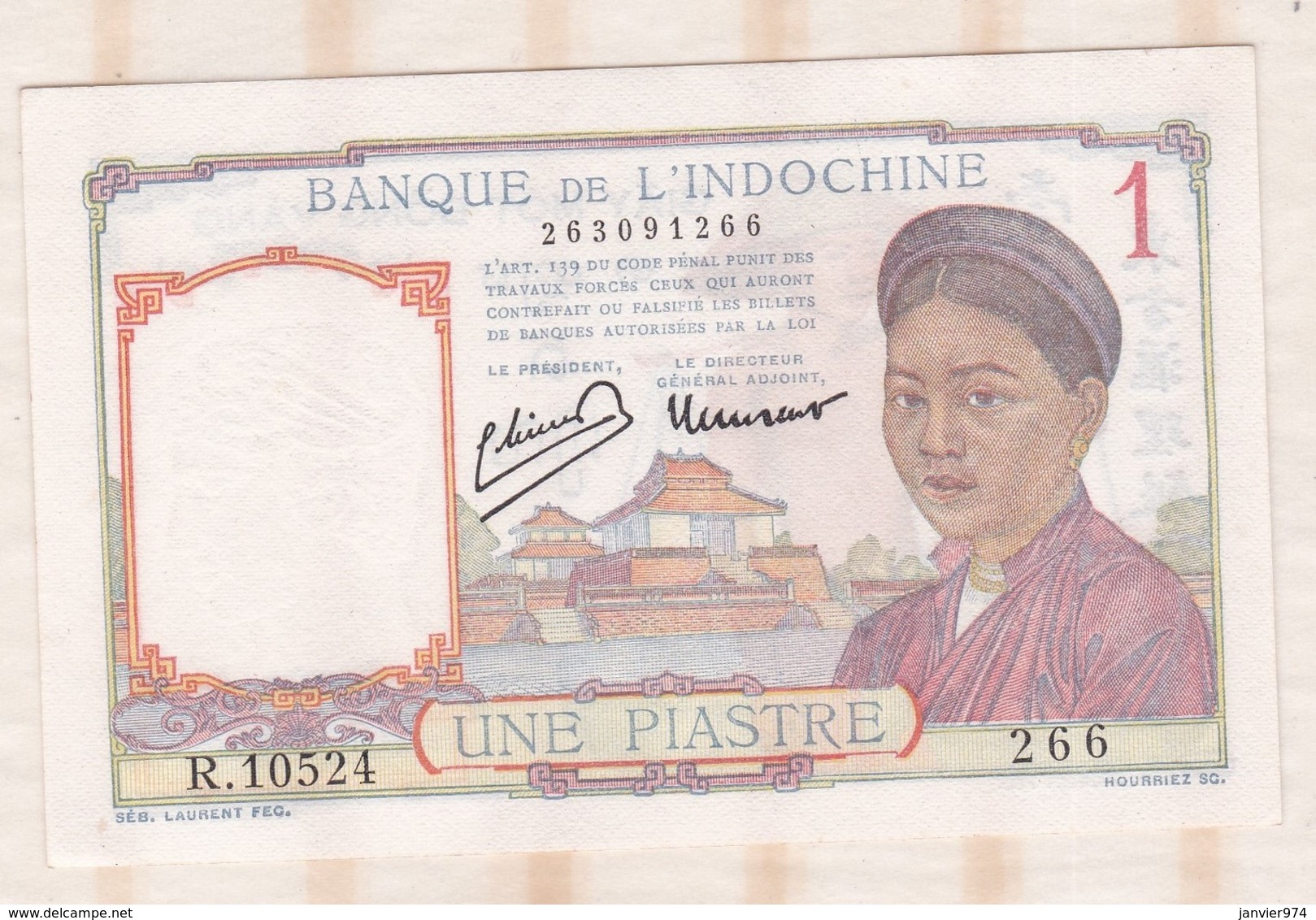 Banque De L Indochine, 1 Piastre , Alphabet R.10524 N° 266, Billet Neuf - Indochine