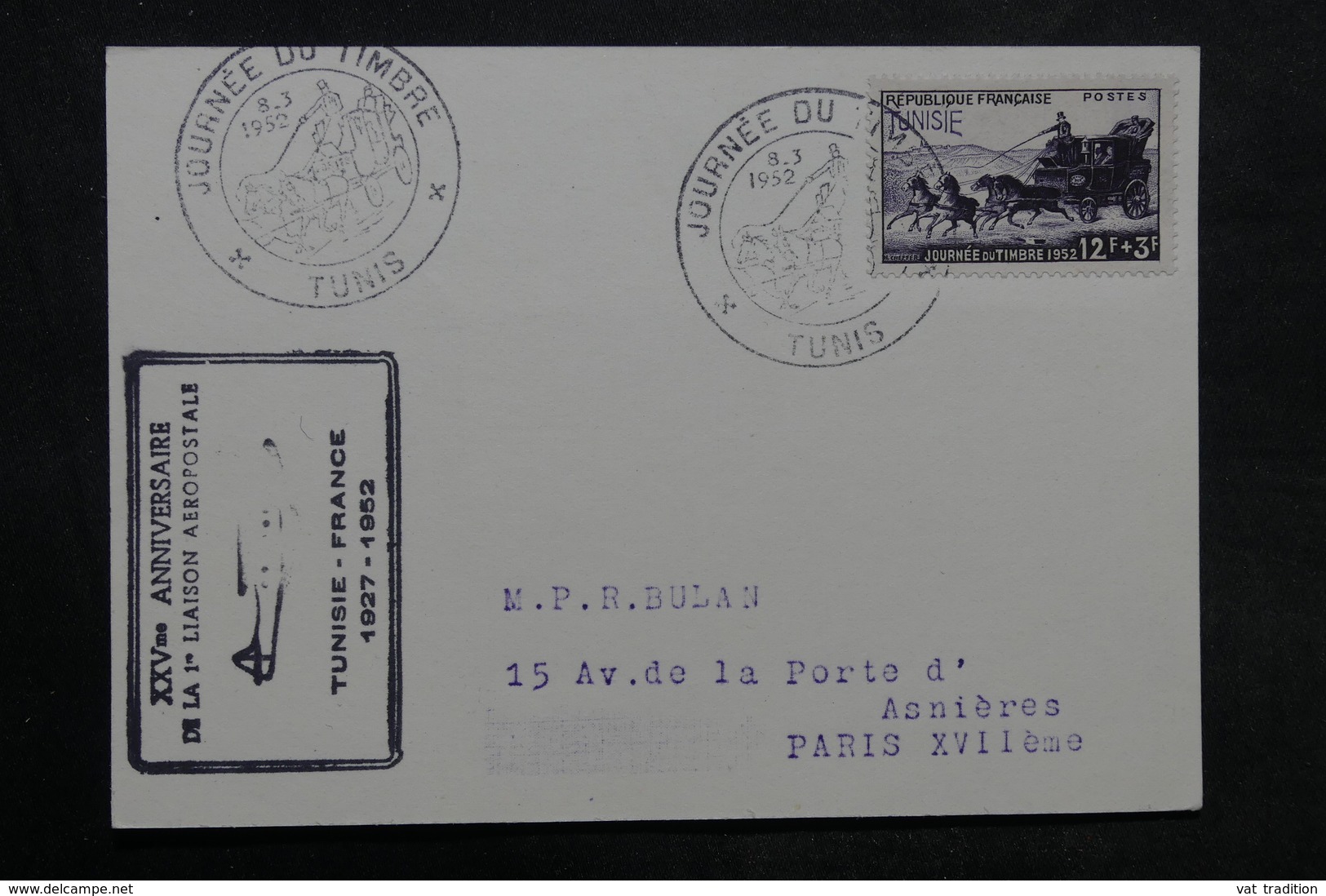 TUNISIE - Carte De La Journée Du Timbre De Tunis En 1952 Pour Paris , Cachet De Ligne Aérienne - L 33668 - Lettres & Documents