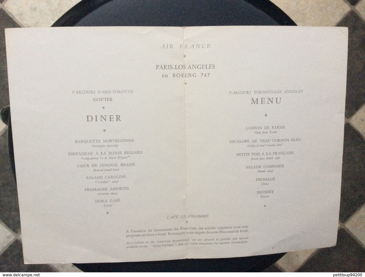 MENU AIR FRANCE  France-Usa  PARIS-LOS ANGELES  1976 - Menú