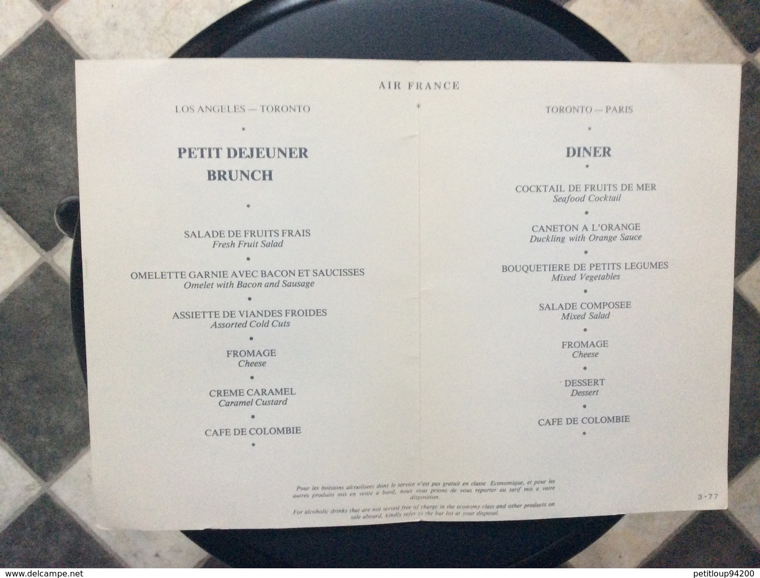 MENU AIR FRANCE   Bird  LOS ANGELES-TORONTO  TORONTO-PARIS  Mars 1977 - Menú