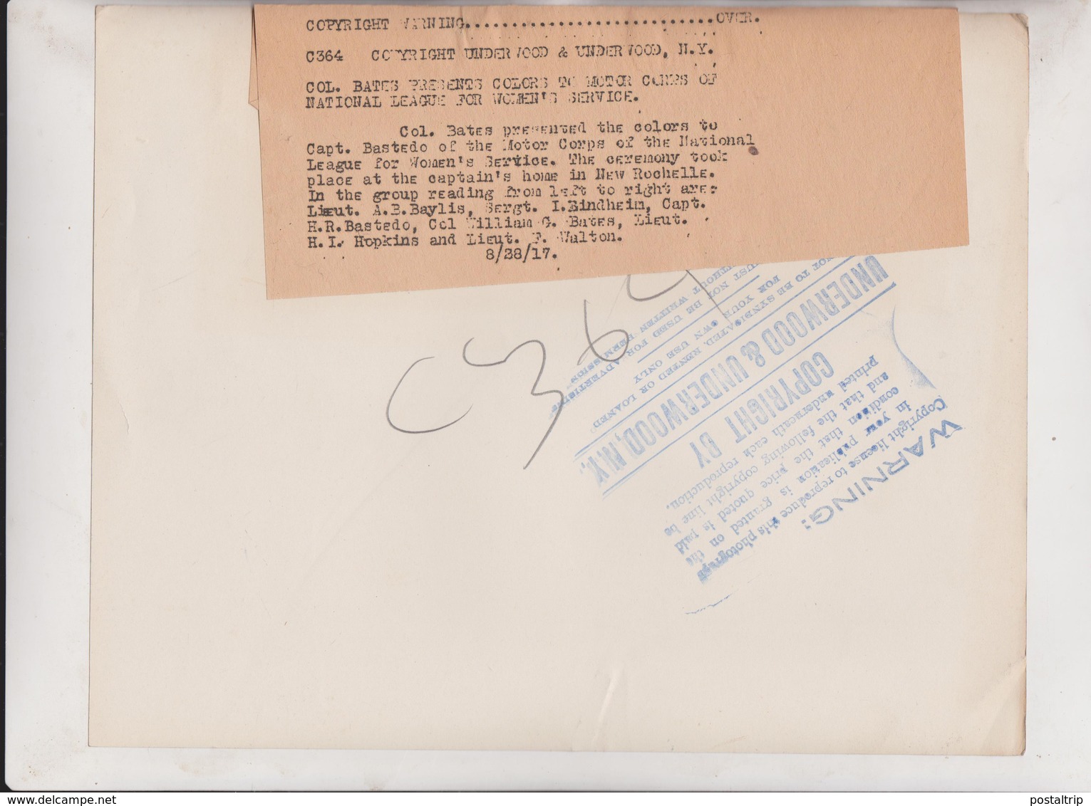 NATIONAL LEAGUE WOMEN'S SERVICE CAPT BASTEDO MOTOR CORPS NEW ROCHELLE  25*20CM Fonds Victor FORBIN 1864-1947 - Guerra, Militares