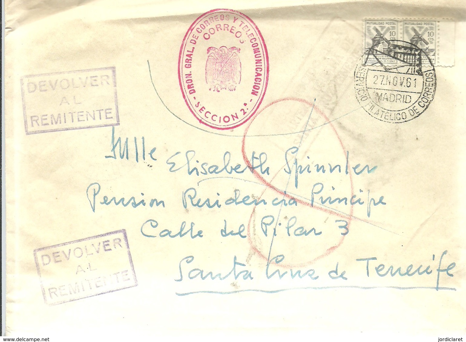 CARTA 1961  DEVUELTA   MARCA DESCONOCIDO EN LA CARTERIA URBANA DE STA.CRUZ DE TENERIFE - Cartas & Documentos