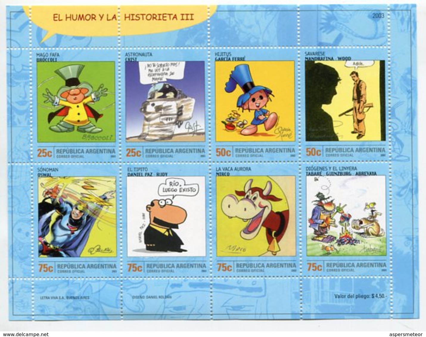 EL HUMOR Y LA HISTORIETA. ARGENTINA AÑO 2003, MNH HOJA BLOCK FEUILLET. HUMOR CARTOON COMIC HUMOUR. - LILHU - Hojas Bloque