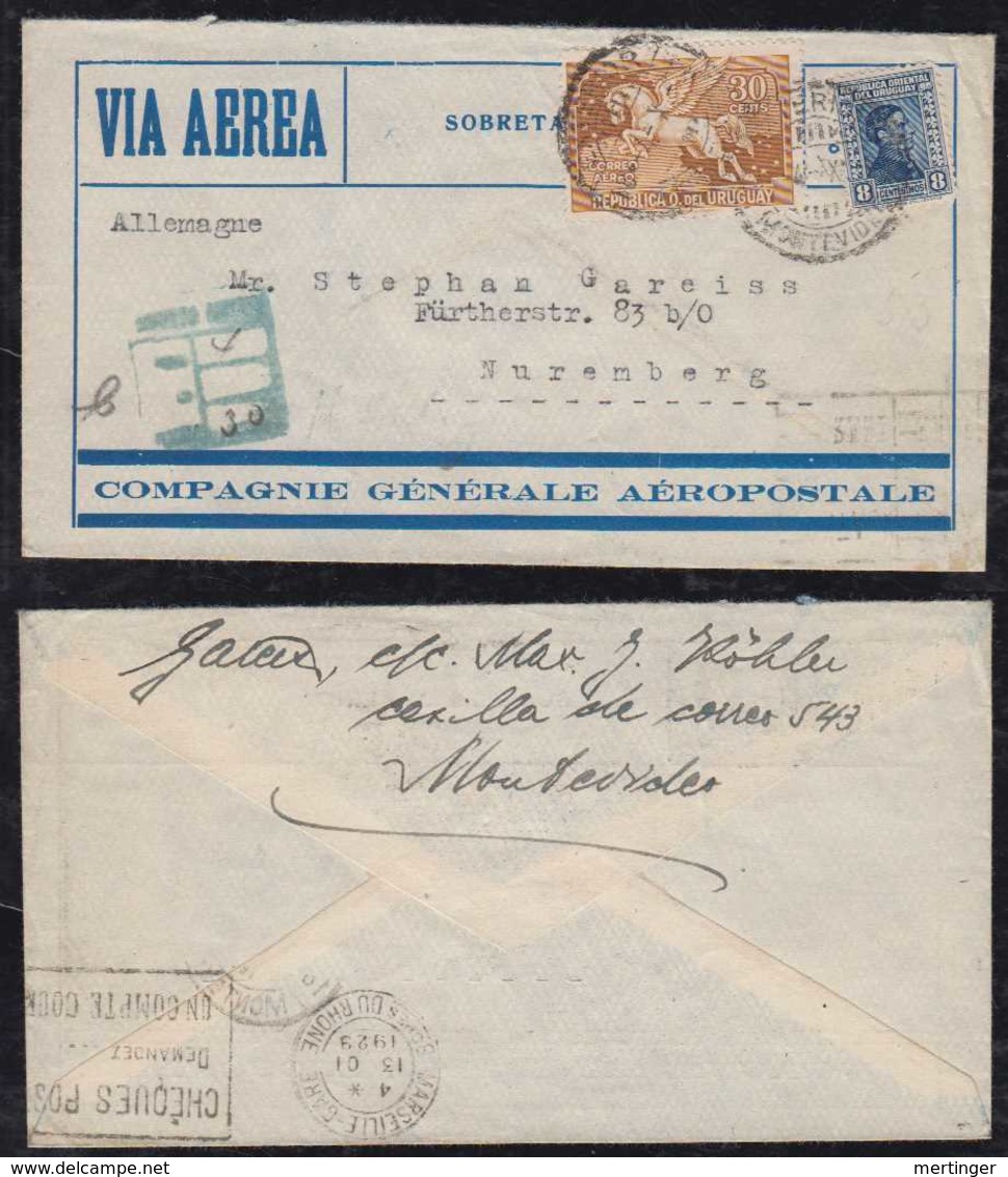 Uruguay 1929 AEROPOSTALE AIR FRANCE Airmail Cover To NUERNBERG Germany CORREO AERA Tax Postmark - Uruguay