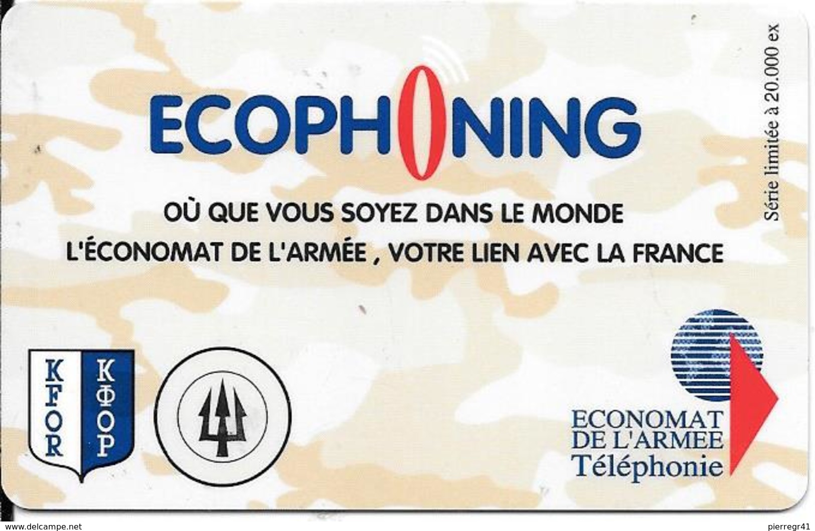 CARTE-PREPAYEE-MILITAIRE- ECOPHONING-DIVISION TRIDANT-BEIGE-PALE-20000Ex-TBE -  Cartes à Usage Militaire