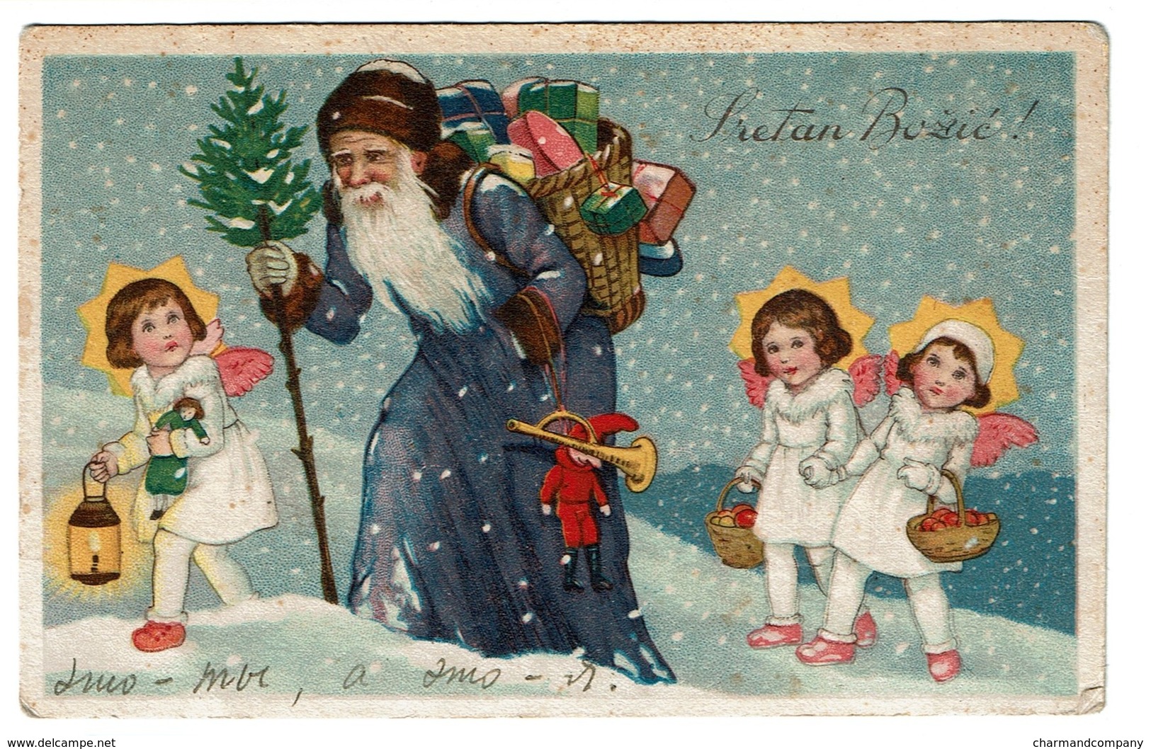 Carte Ancienne - Origine Russe - Père Noël Et Petits Anges - Father Christmas - Santa Claus - 2 Scans - Santa Claus