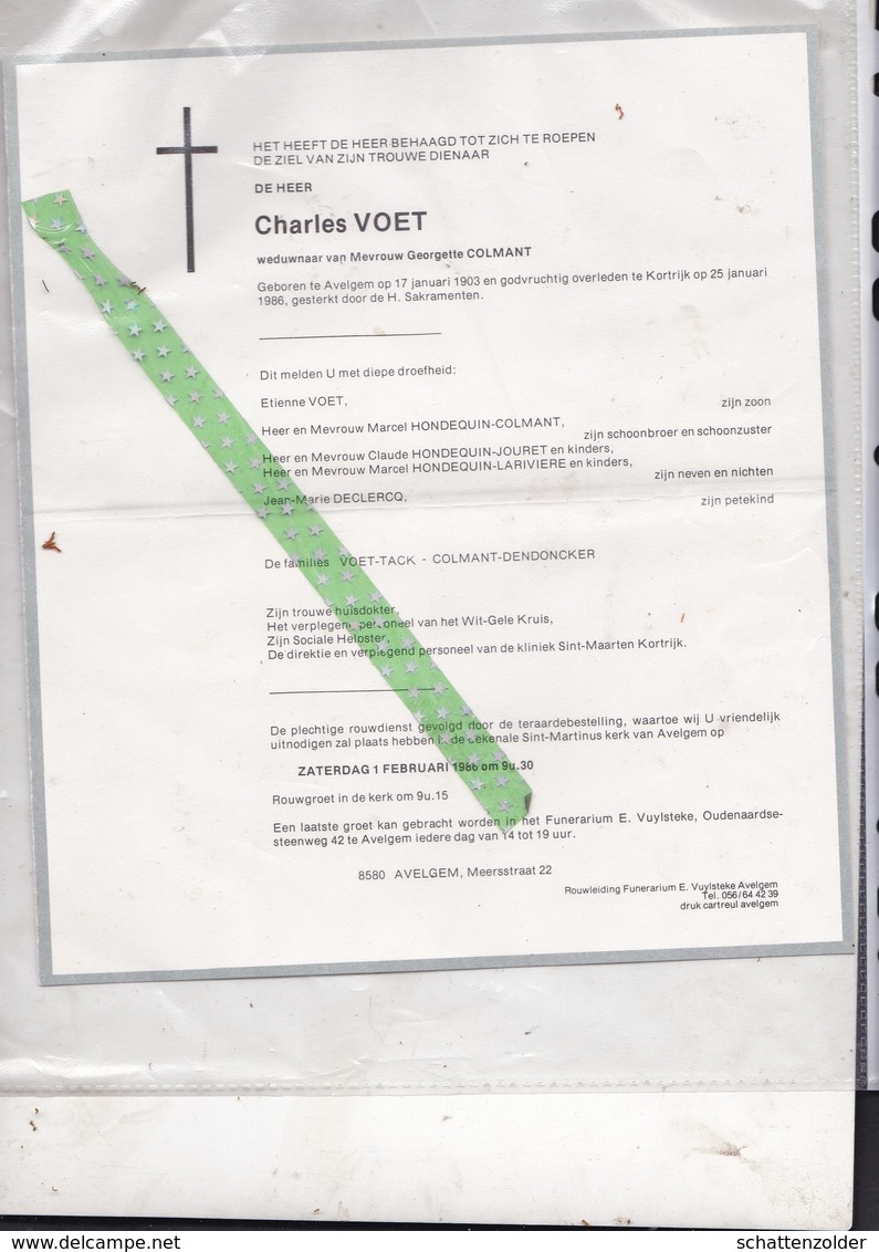 Overlijdensbrief Charles Voet-Colmant, Geboren Avelgem 1903, Overleden Kortrijk 1986 - Décès