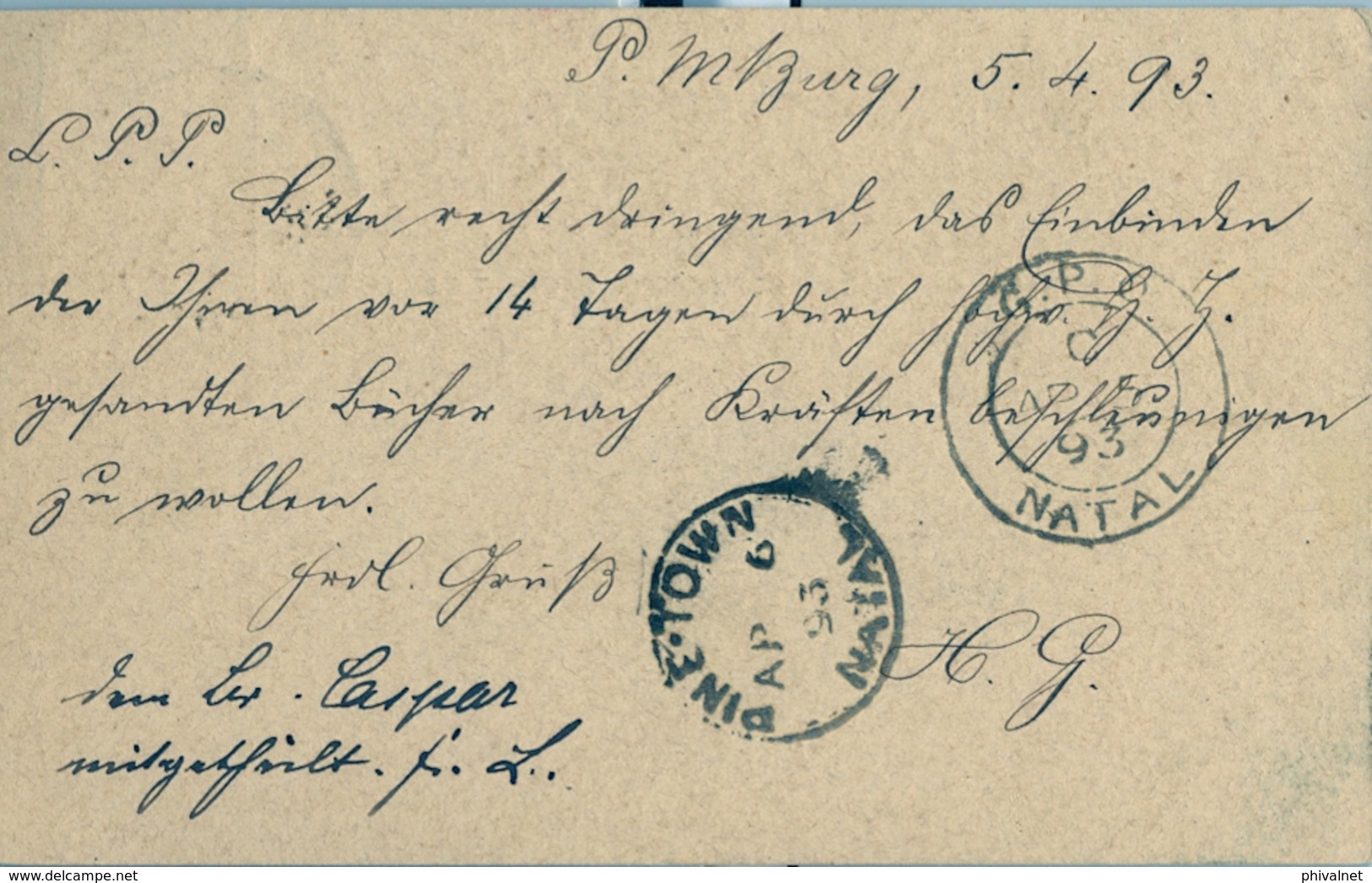 1893 NATAL , TARJETA ENTERO POSTAL CIRCULADA , PIETERMARITZBURG - PINETOWN , MAT. " G.P.O. / NATAL " , LLEGADA - Natal (1857-1909)