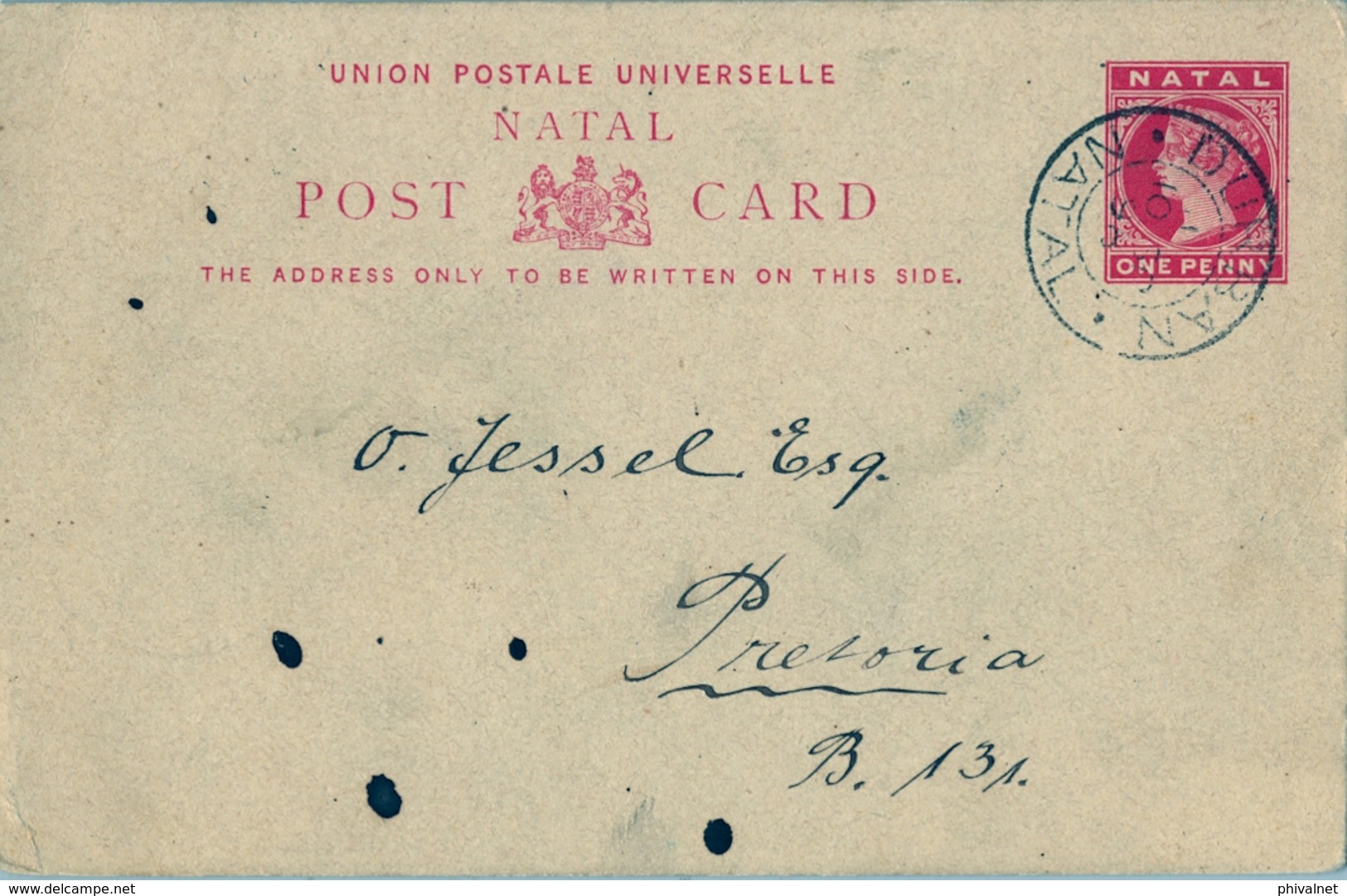 1898 NATAL , TARJETA ENTERO POSTAL CIRCULADA , DURBAN - PRETORIA , LLEGADA - Natal (1857-1909)