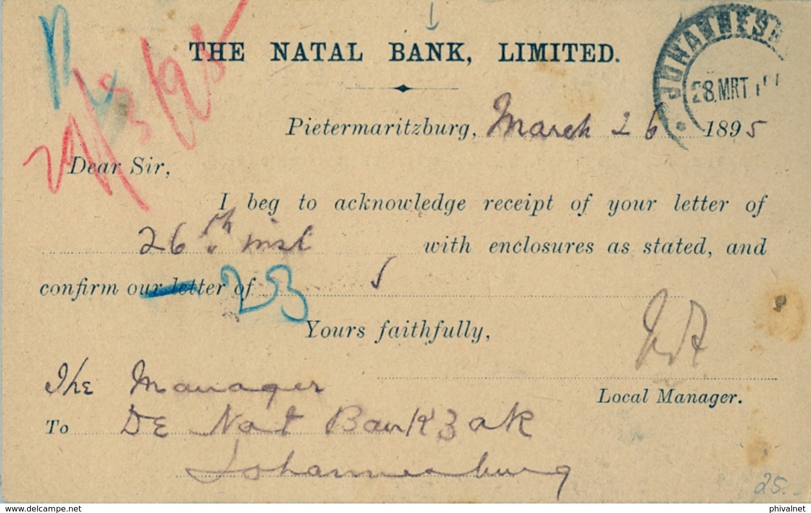 1895 NATAL , TARJETA ENTERO POSTAL CIRCULADA , PIETERMARTIZBURG - JOHANNESBURG , PRE IMPRESO " THE NATAL BANK LIMITED " - Natal (1857-1909)