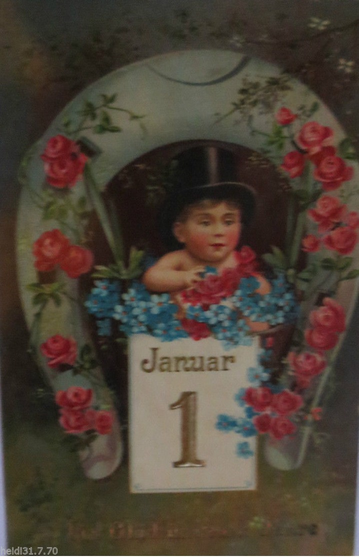 "Neujahr, Kinder, Hufeisen, Zylinder, Rosen, Januar" 1903 ♥  - New Year