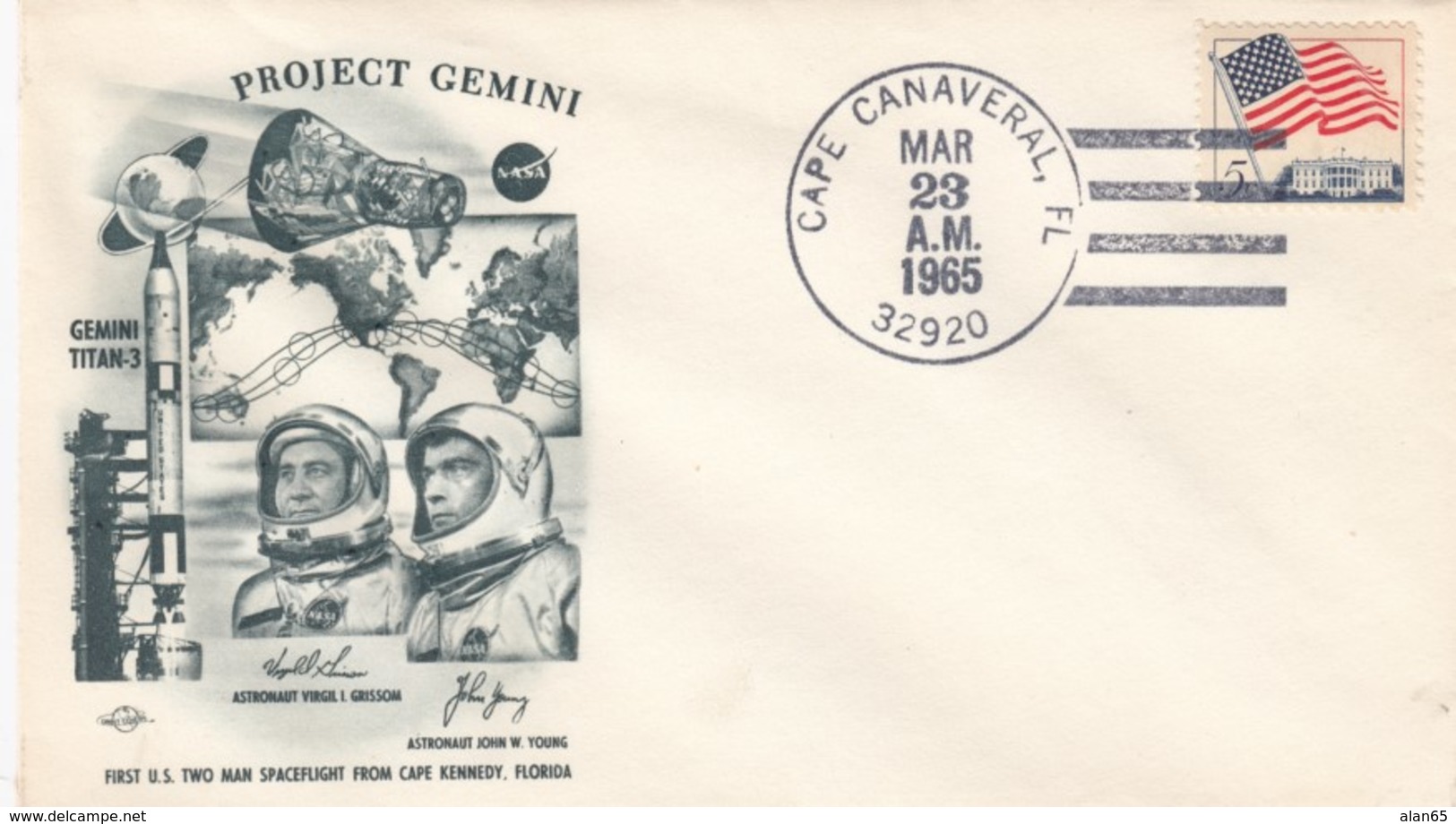 Sc#1208, Project Gemini, 1st 2-man Space Flight, Astronauts Grissom And Young, Cape Canaveral Cover - Etats-Unis