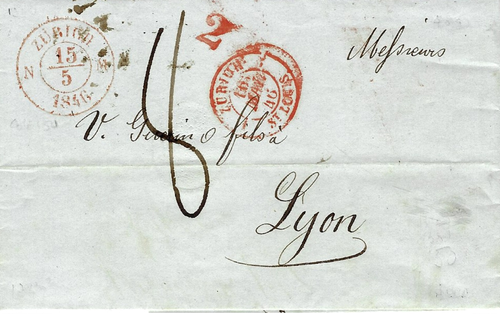 1846- Lettre En Port Du De Zurich Pour Paris - Entrée Zurich 1 St LOUIS 1  Rouge  Taxe 8 D. - Marques D'entrées