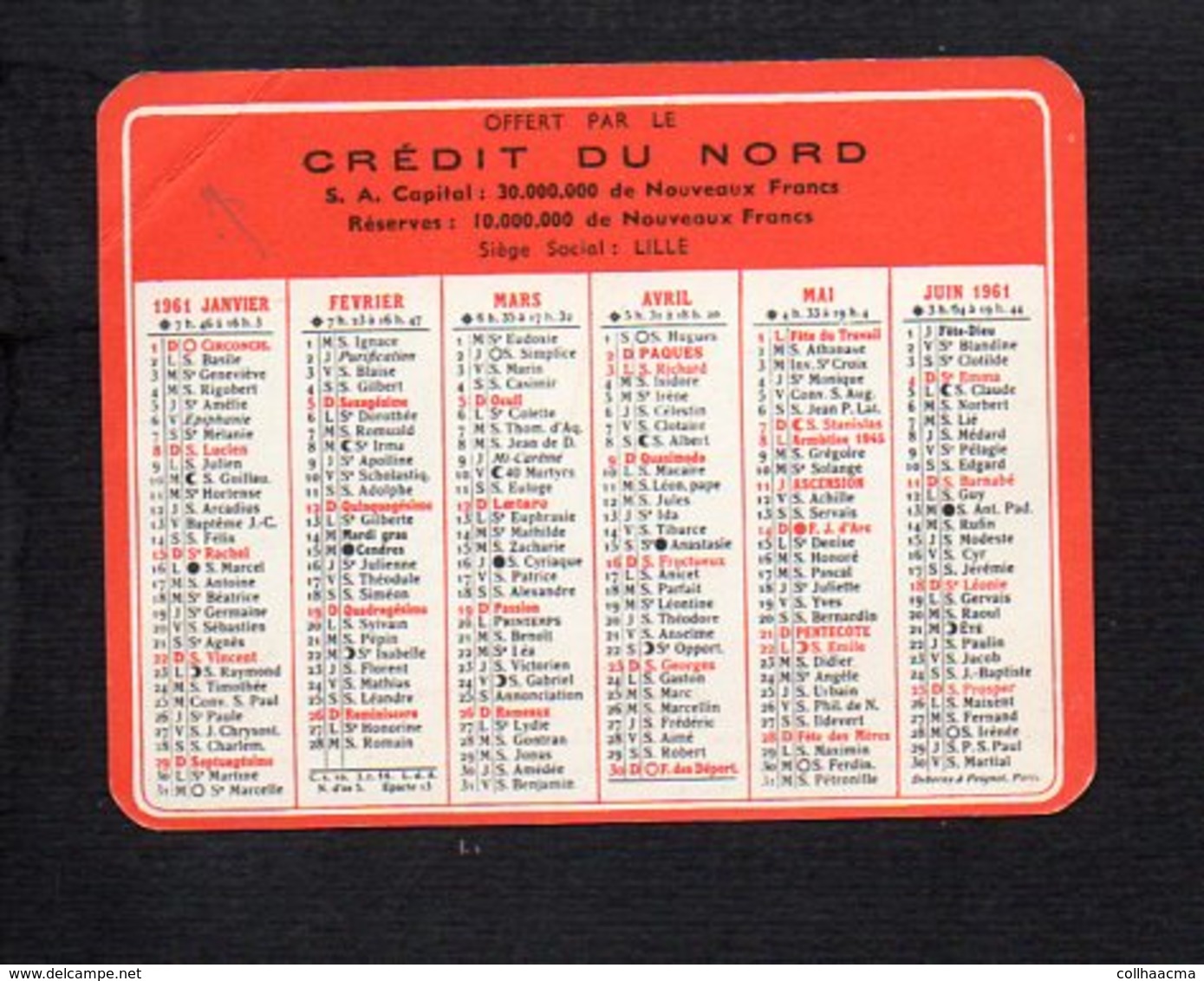 1961 Calendrier De Poche " Crédit Du Nord " à Lille Et Lisieux ,bureau à Villers Sur Mer 14  >> Banque - Petit Format : 1961-70