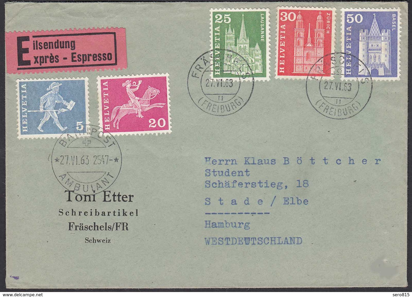 1963 Schweiz Bahnpost Ambulant Eilbrief Fräschels - Hamburg (23786 - Sonstige & Ohne Zuordnung