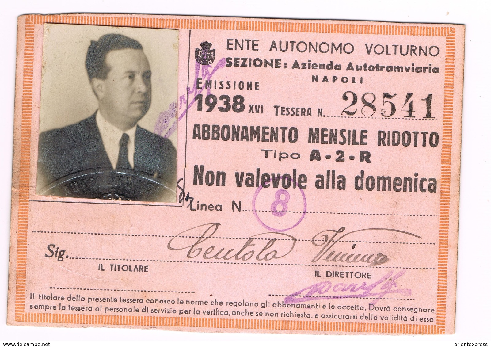 Comune Di Napoli  Tessera  Abbonamento Ente Autono Volturno Azienda  Autotramviaria 1938 Integra Con Foto E Bollini - Chemin De Fer
