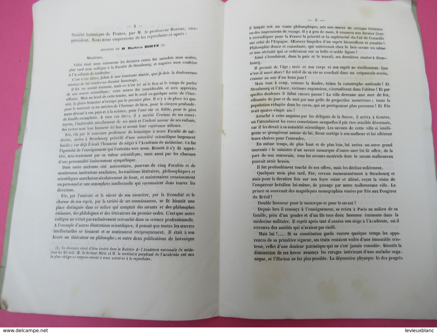 Fascicule/Botanique/Funérailles De A FEE/Société Botanique De France/ Dr HIRTZ/ E BUREAU/ LAVALLEE/1874     MDP95 - 1801-1900