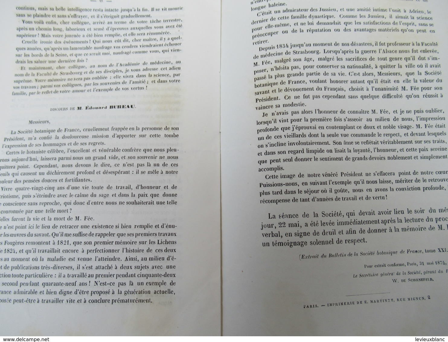 Fascicule/Botanique/Funérailles de A FEE/Société Botanique de France/ Dr HIRTZ/ E BUREAU/ LAVALLEE/1874     MDP95