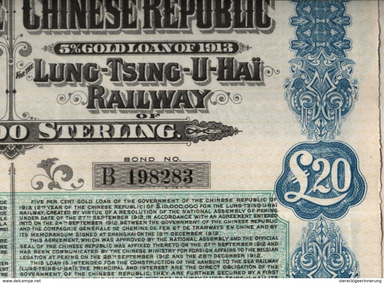 ! OBLIGATION CHINE CHINA Chinoise CHEMIN DE FER LUNG-TSING-U-HAI 20 POUNDS, 5 % Eisenbahnanleihe, Gold Loan, Emprunt - Asien