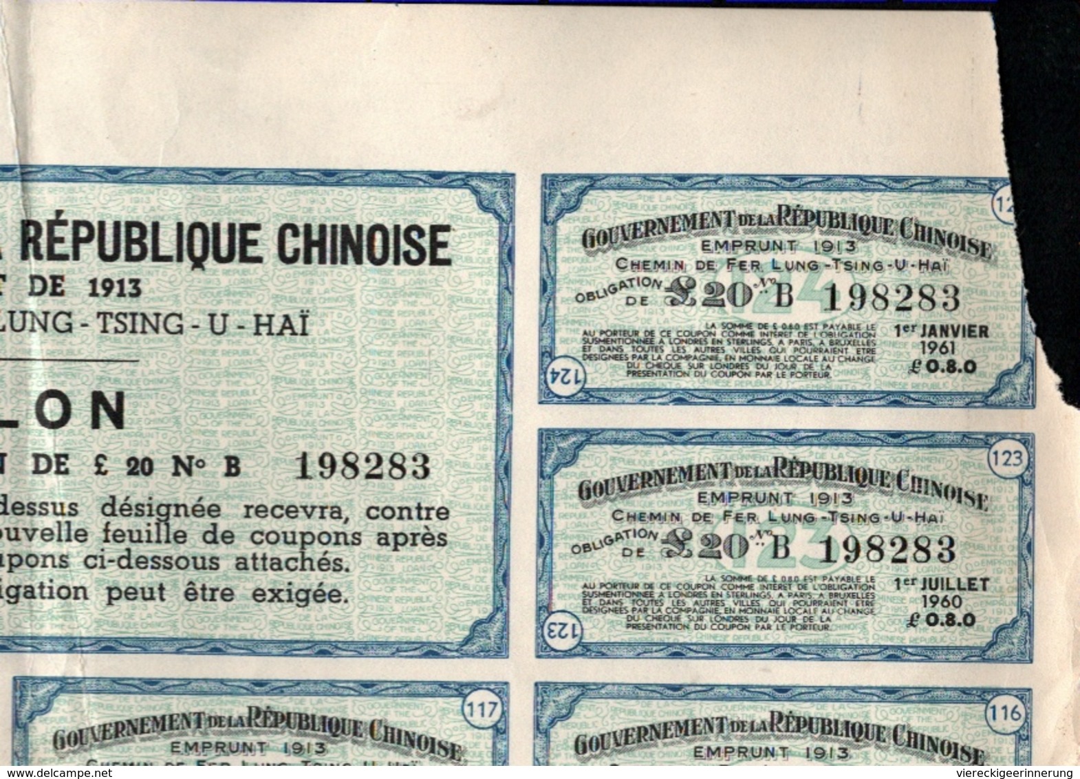 ! OBLIGATION CHINE CHINA Chinoise CHEMIN DE FER LUNG-TSING-U-HAI 20 POUNDS, 5 % Eisenbahnanleihe, Gold Loan, Emprunt
