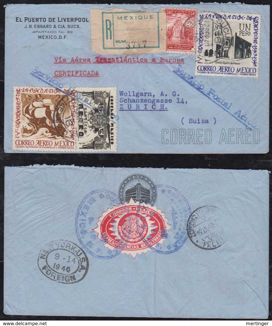 Mexico 1940 Registered Airmail Cover Via NEW YORK To ZUERICH Switzerland - Mexiko