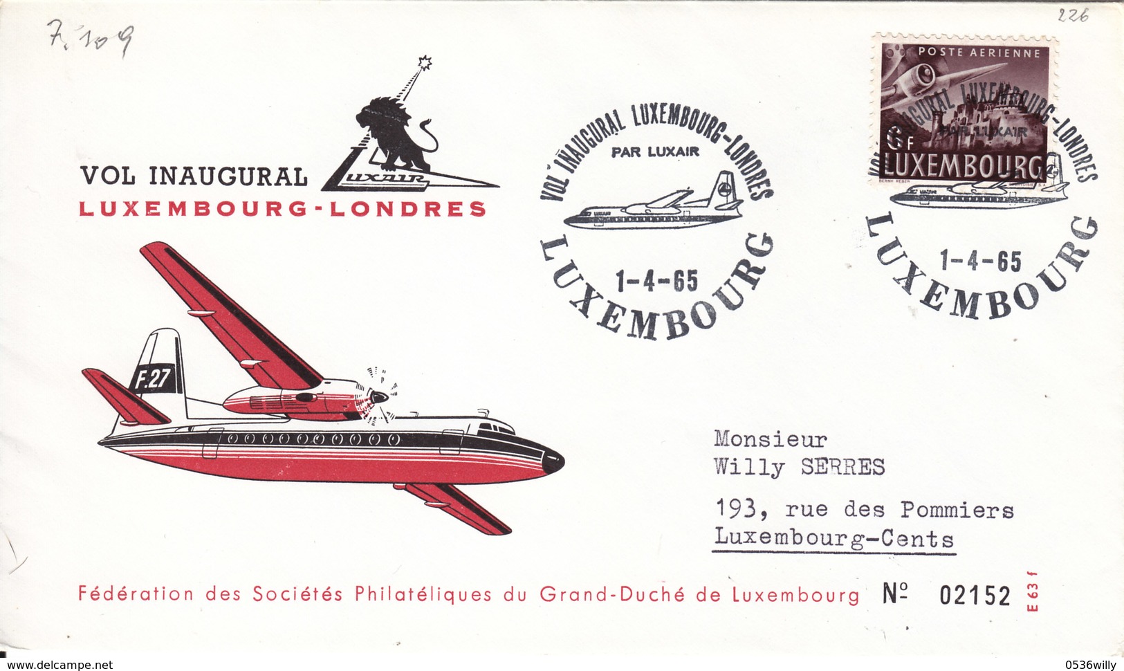 Luxembourg 1965 - Vol Inaugural Luxembourg-Londres (7.109) - Lettres & Documents