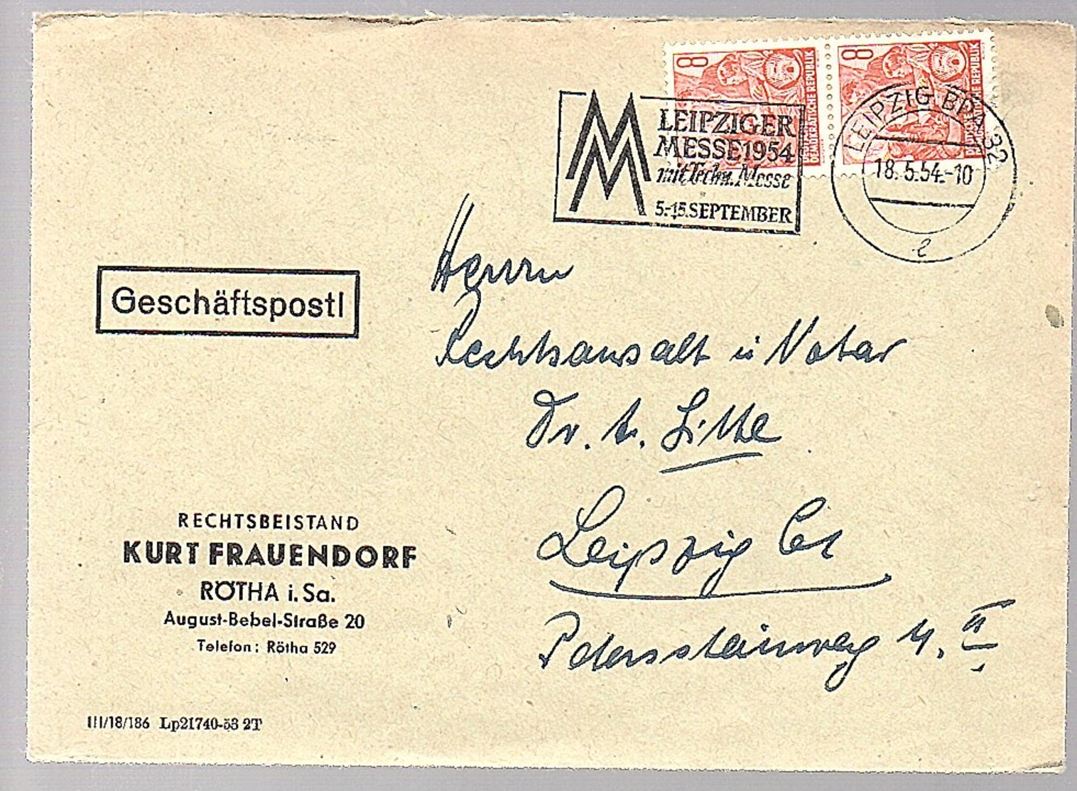 1954 Rechtsbeistand Kurt Frauendorf Rötha August-Bebel-strasse 20 Technische Messe (313) - Lettres & Documents