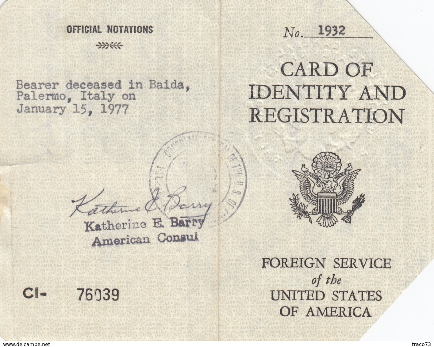 CARD OF IDENTITY AND REGISTRATION _ 1974 /  CARTA D'IDENTITA' -  United States Of America _ Stati Uniti - Documentos Históricos