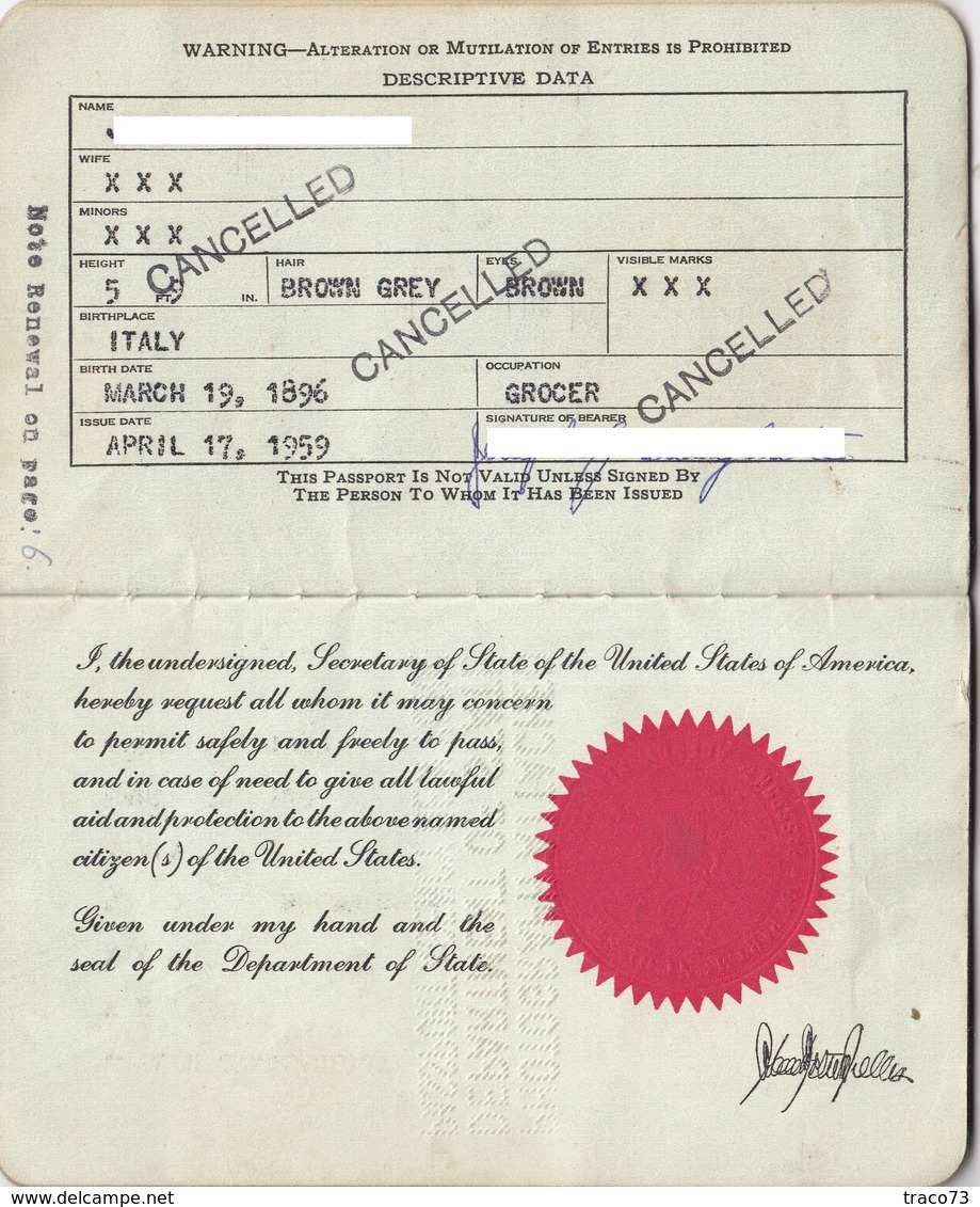 PASSAPORT _ 1959 /  PASSAPORTO -  United States Of America _ Stati Uniti  - Foto E Visti - Historische Dokumente