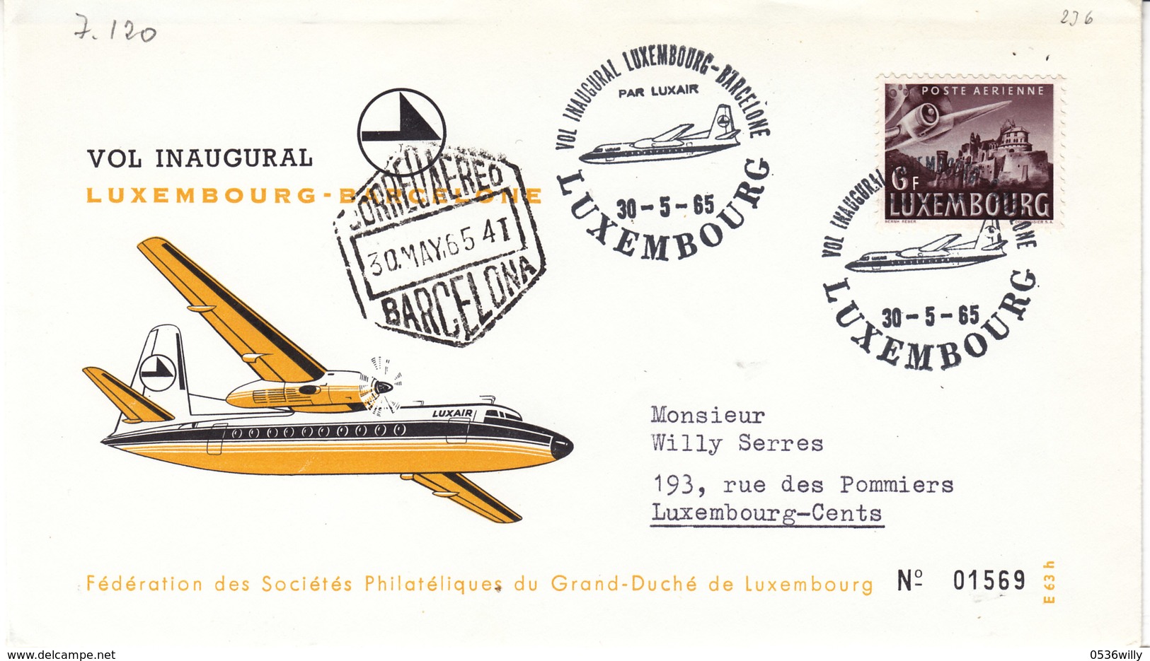 Lxembourg 1965 -  "Vol Inaugural Luxembourg-Barcelone" (7.120) - Lettres & Documents