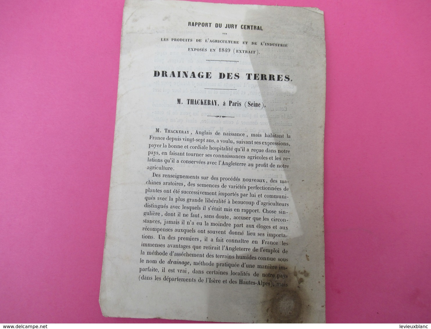 Fascicule/Botanique/Drainage Des Terres/ THACKERAY/Produits De L'Agriculture Et De L'Industrie Exposés En 1849     MDP96 - 1801-1900