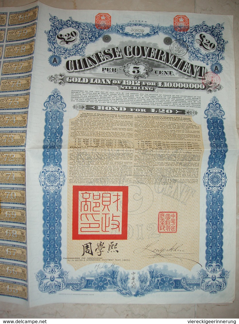 ! OBLIGATION CHINE, CHINA Staatsanleihe, Chinese Government 20 Pounds Bond, 1912, 5 % Gold Loan, Emprunt - Asie