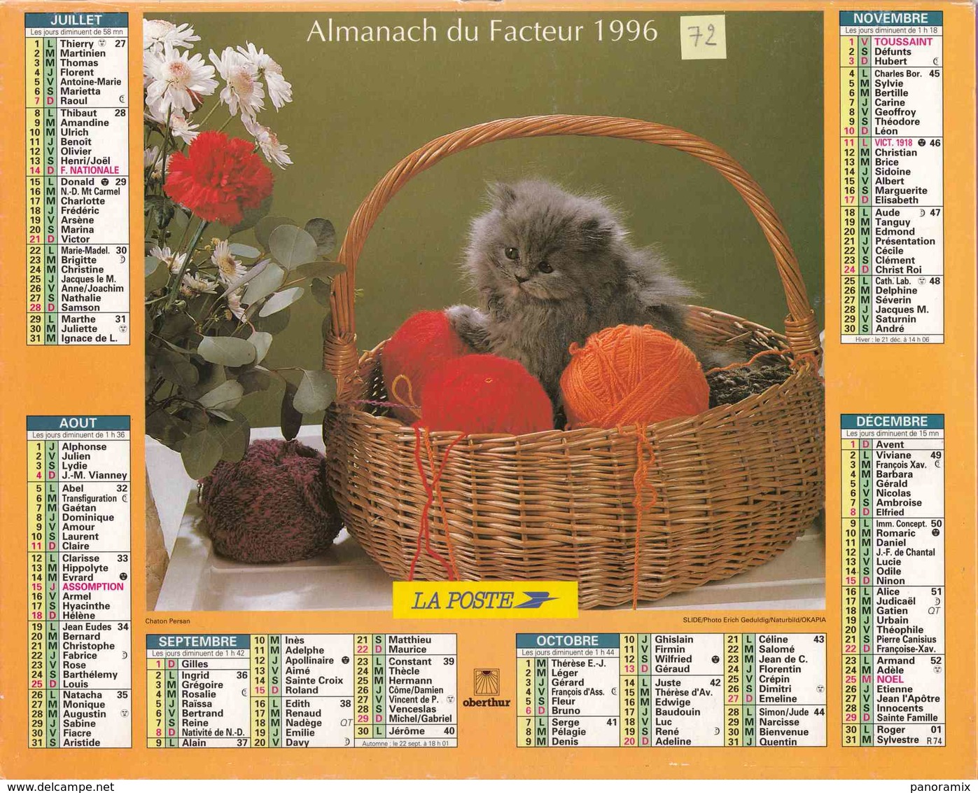 °° Calendrier Almanach La Poste 1996 Oberthur - Dépt 72 - Chatons - Grand Format : 1991-00