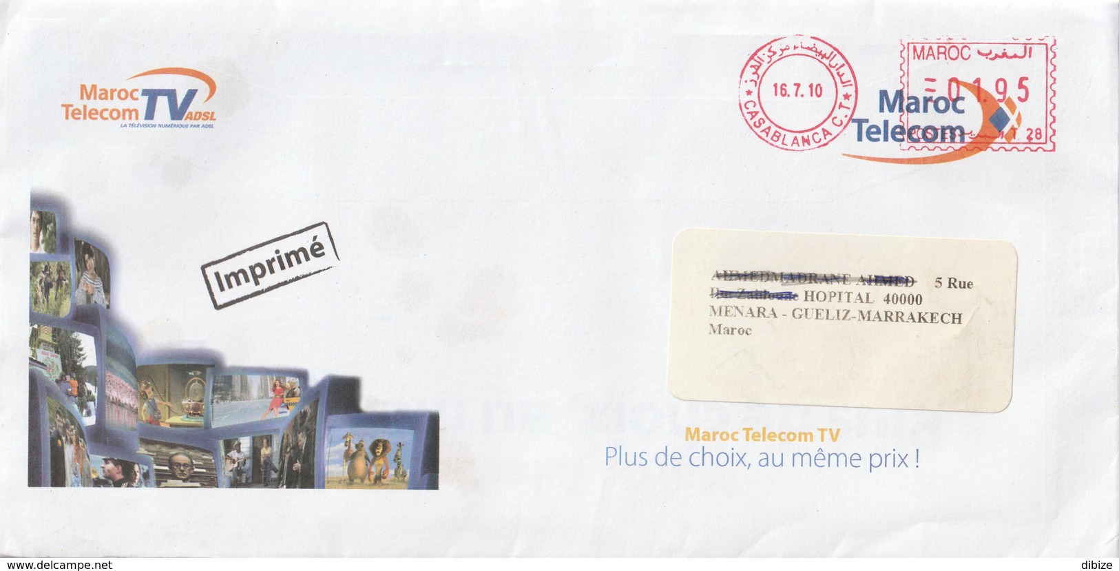 Maroc. Jolie Enveloppe Maroc Telecom Avec Publicité Pour La TV ADSL. Affranchissement Machine. 2010. Etat Moyen - Morocco (1956-...)