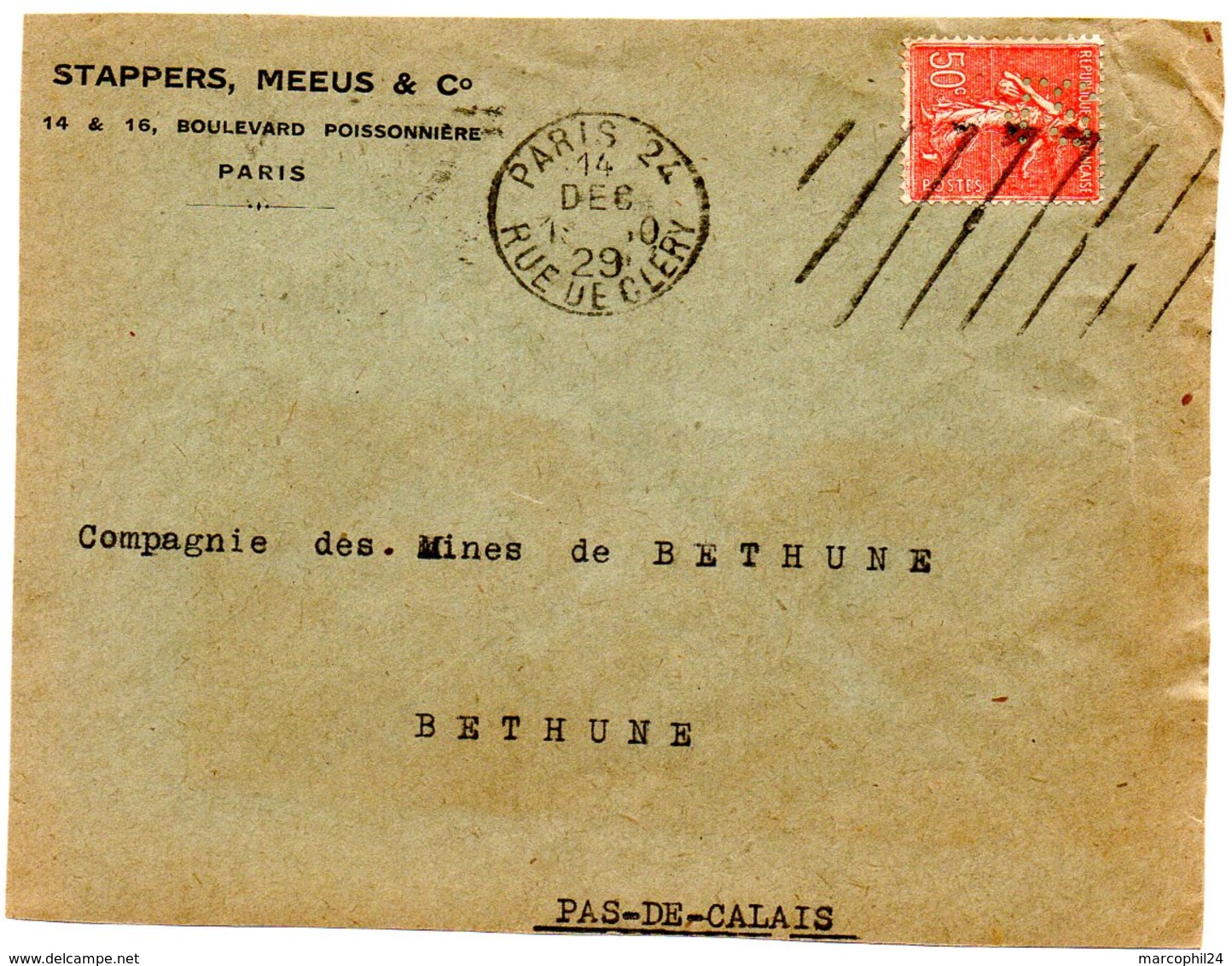 PARIS 24 / RUE De CLERY 1929 = FLAMME SAVAVA / KRAG Muette '9 Lignes Obliques Inégales' + Timbre Perforé STAPPERS MEEUS - Oblitérations Mécaniques (flammes)