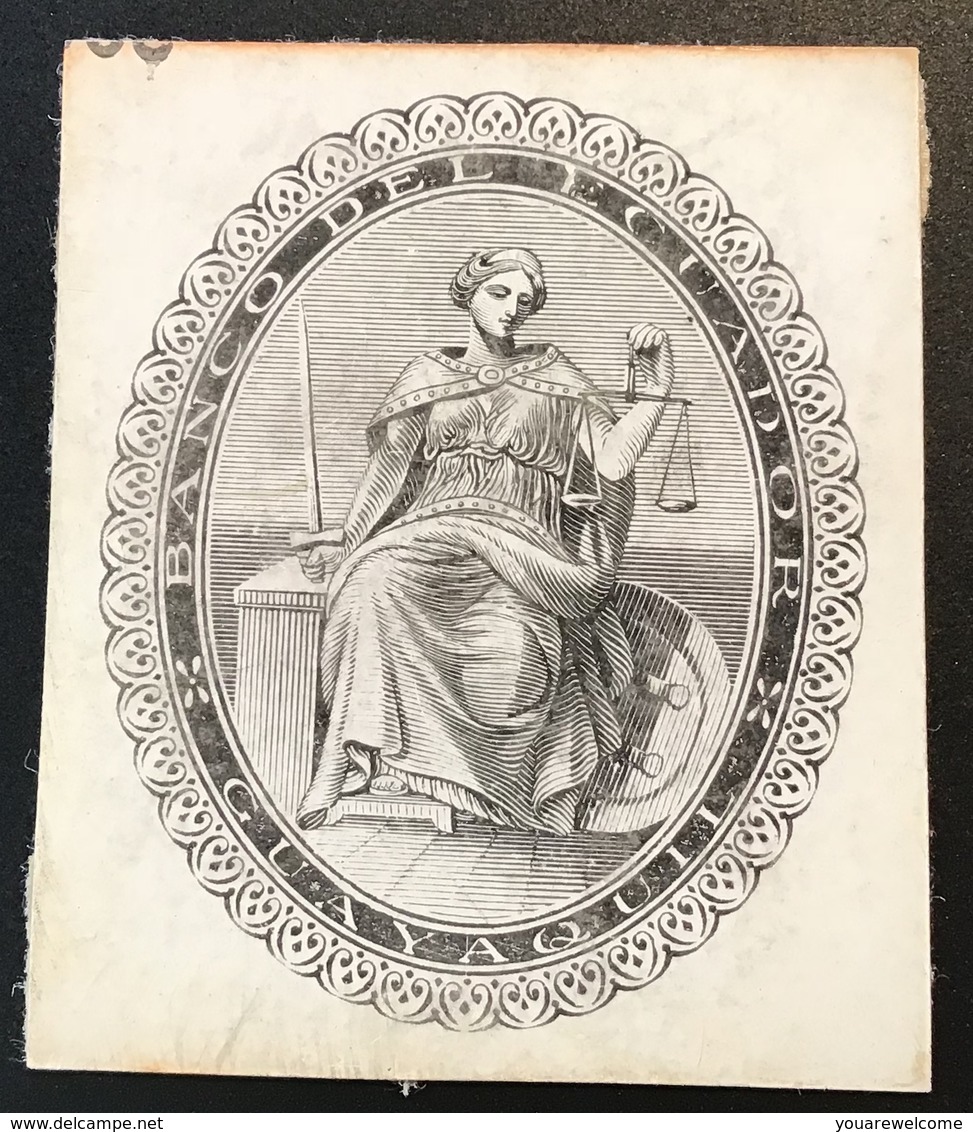 BANCO DEL ECUADOR GUAYAQUIL ~ 1870 De La Rue Banknote Essay Themis Justice God Mythology(paper Money, Billet De Banque - Ecuador