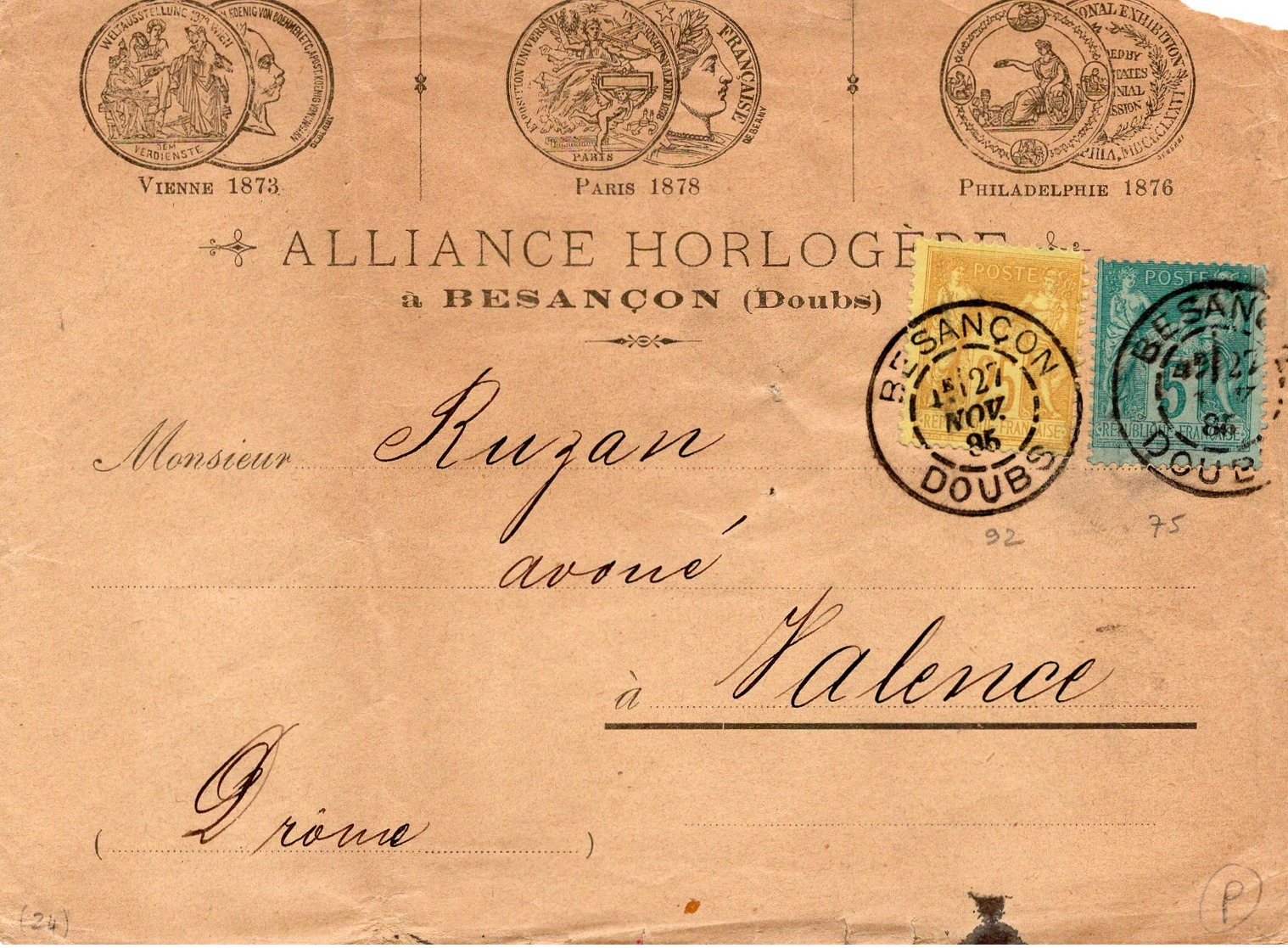 LSC 1885 -Enveloppe Illustré & ALLIANCE HORLOGERE à BESANCON (Doubs) -Cachet / Timbre Type SAGE 5C Vert & 25c Jaune - 1877-1920: Semi Modern Period