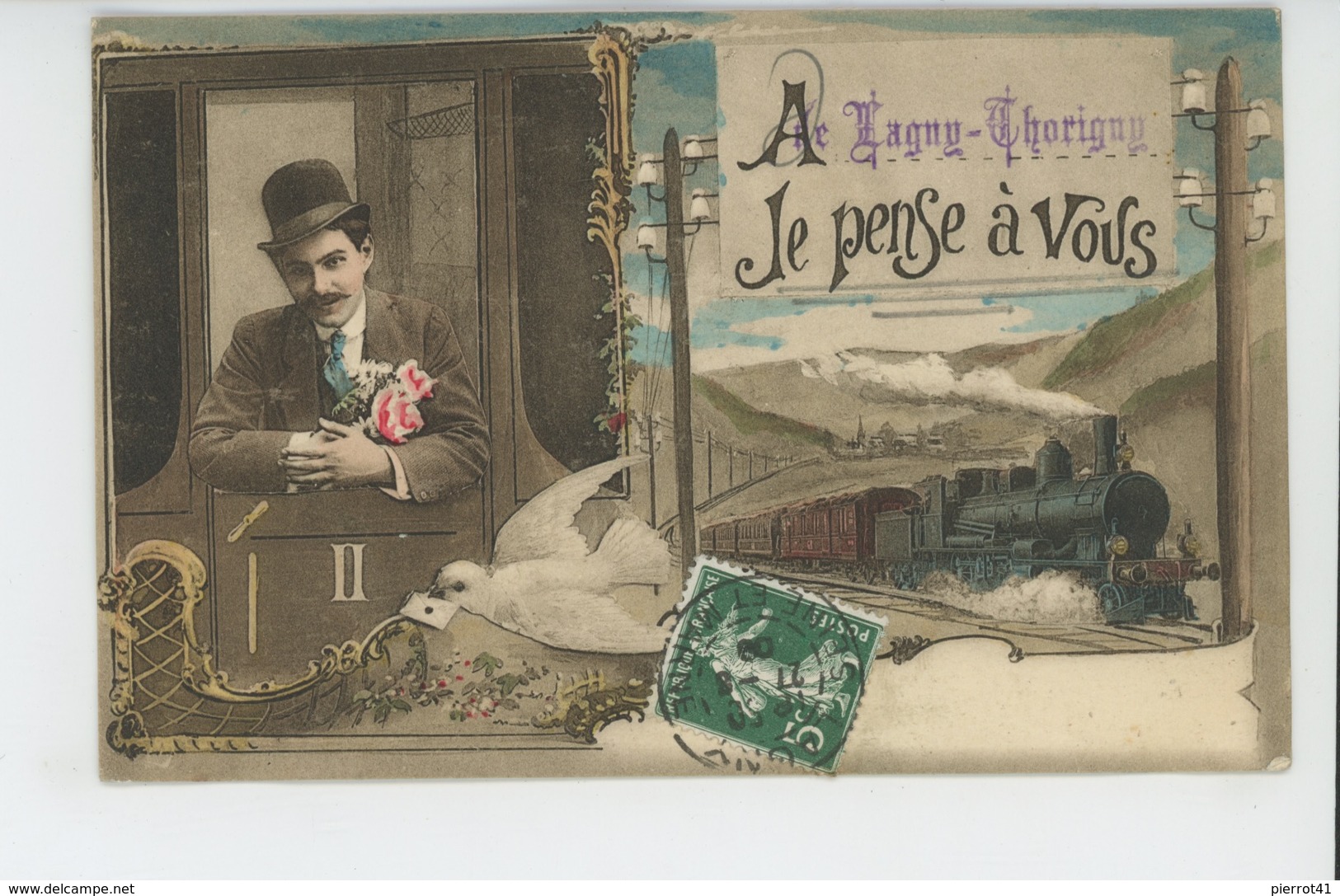 LAGNY - Jolie Carte Fantaisie Homme Dans Train "A LAGNY THORIGNY , Je Pense à Vous " - Lagny Sur Marne