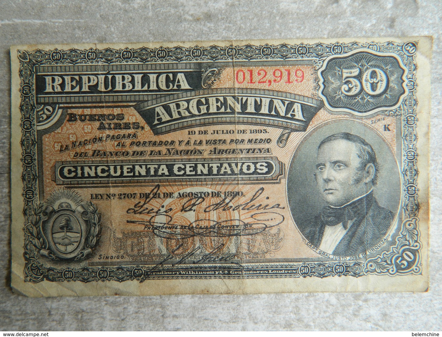 BILLET REPUBLICA ARGENTINA 50 CINCUENTA CENTAVOS QUI DATE DE 1895  ( En L'état, Voir Photos) - Argentine