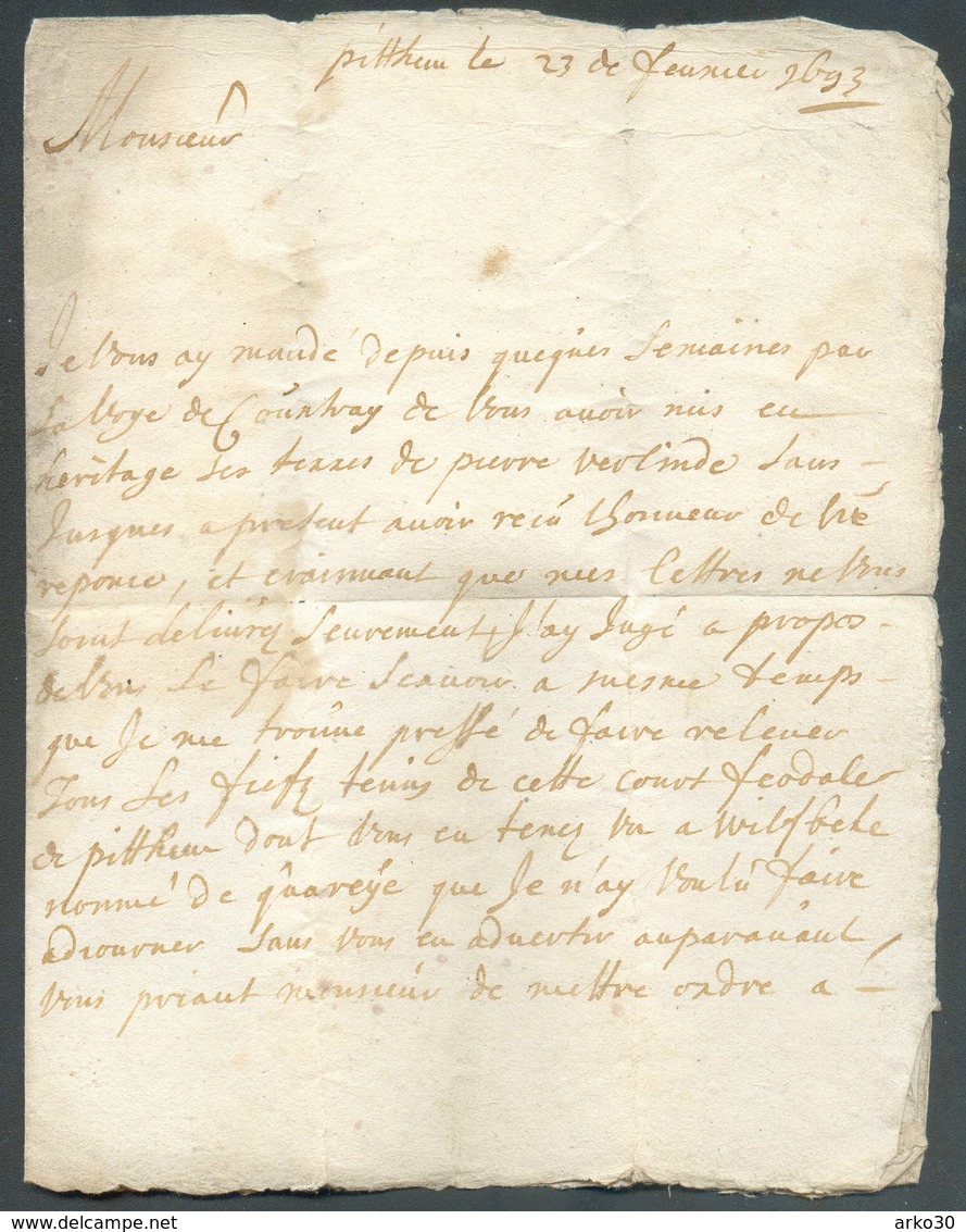 LAC De PITTHEM Le 23 Février 1693 Vers Wilsbeke + Manuscrit 'par Expres ...'.  Rare Et Intéressant - 14219 - 1621-1713 (Spanische Niederlande)