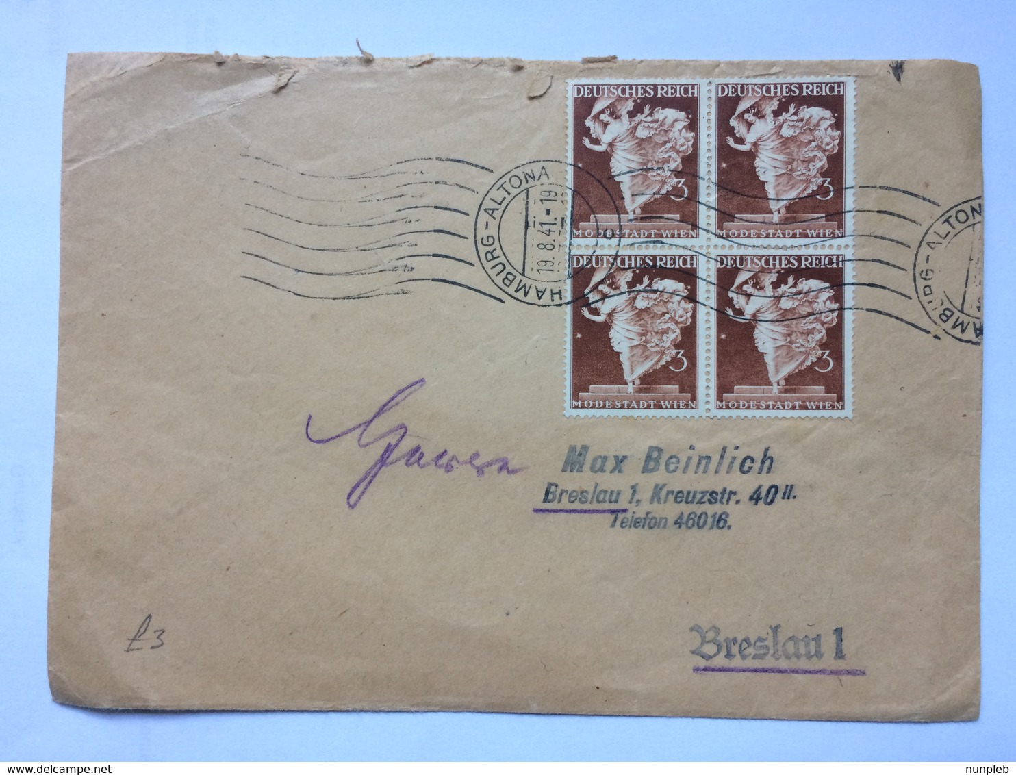 GERMANY 1941 Cover Hamburg To Breslau Tied With Modestadt Wien X 4 - XOX Biskuitfabrik Sticker To Rear - Briefe U. Dokumente