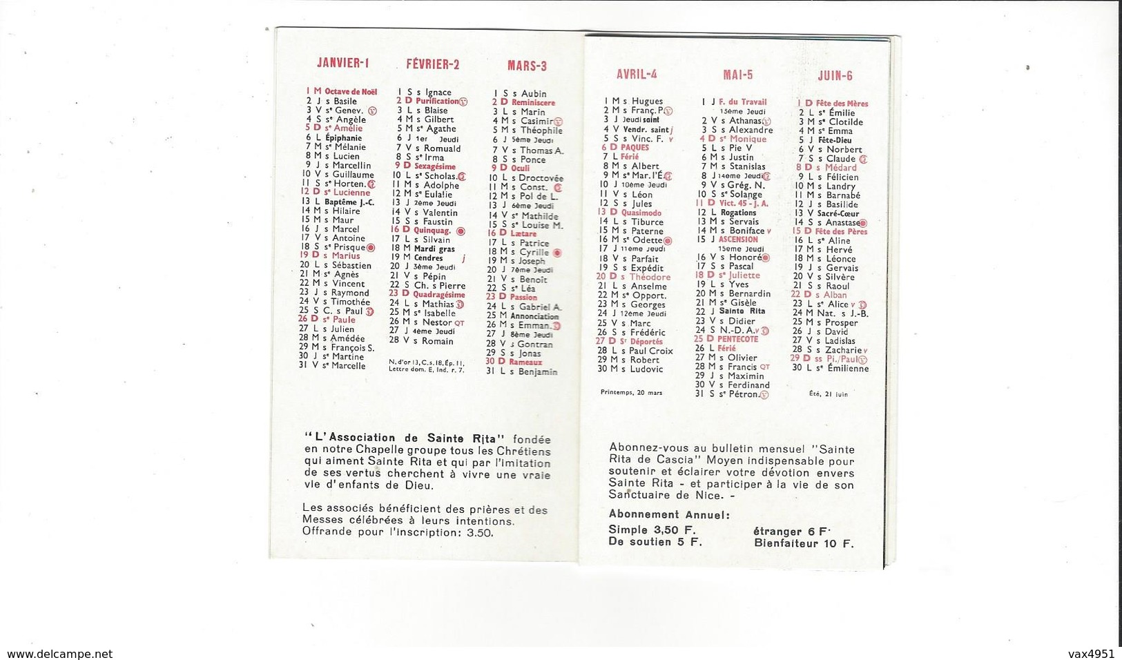 CALENDRIER 1969  ASSOCIATION DE SAINTE RITA  *****  A  SAISIR ****** - Petit Format : 1961-70