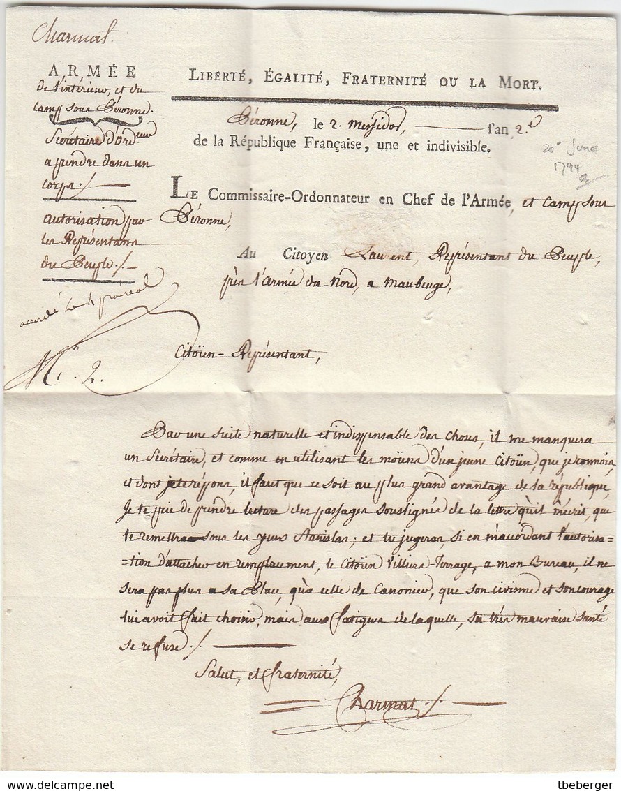 France An 2 / 1794 'Com.re Gl De L'arm. De Peronne' En Rouge Armée D L'Interieur Camp De Péronne Somme (s88) - Marques D'armée (avant 1900)