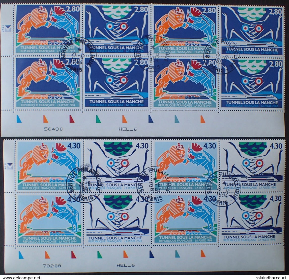 R1615/25 - 1994 - TUNNEL SOUS LA MANCHE - 2 BLOCS De 8 TIMBRES - N°2880 à 2883 ☉ - Gebraucht