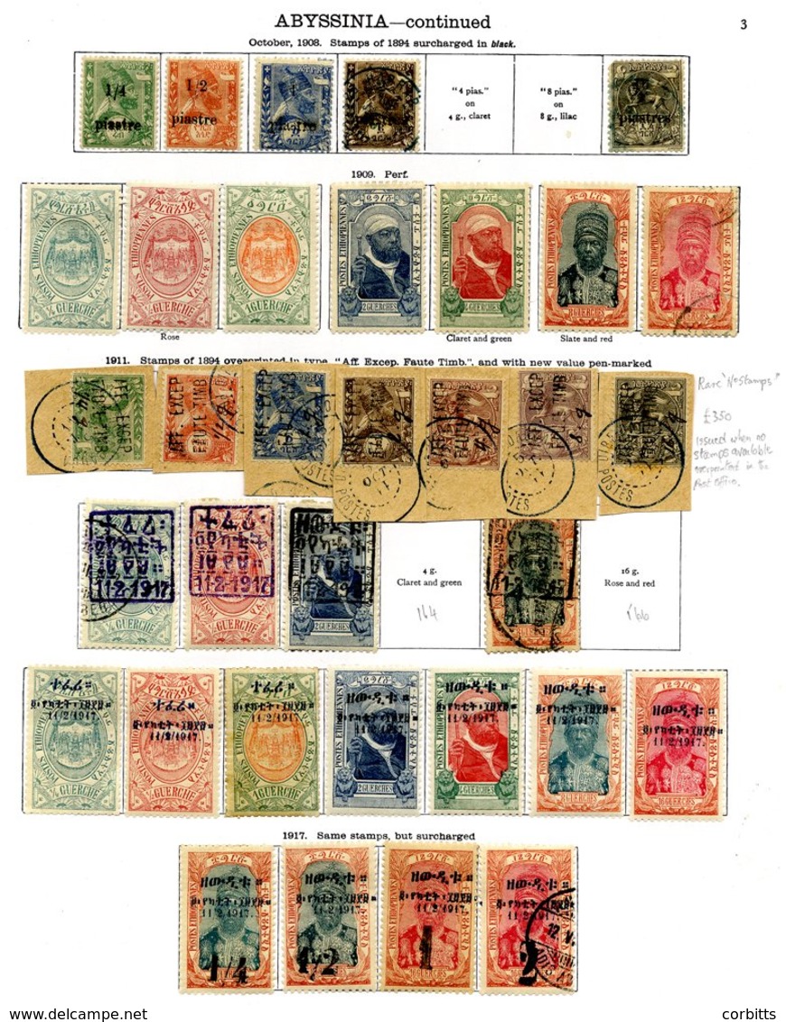 ABYSSINIA 1894-1936 M & U Collection Incl. 1911 Provisional Issue Set Of 7 VFU Each On A Separate Piece, 1917 Coronation - Autres & Non Classés