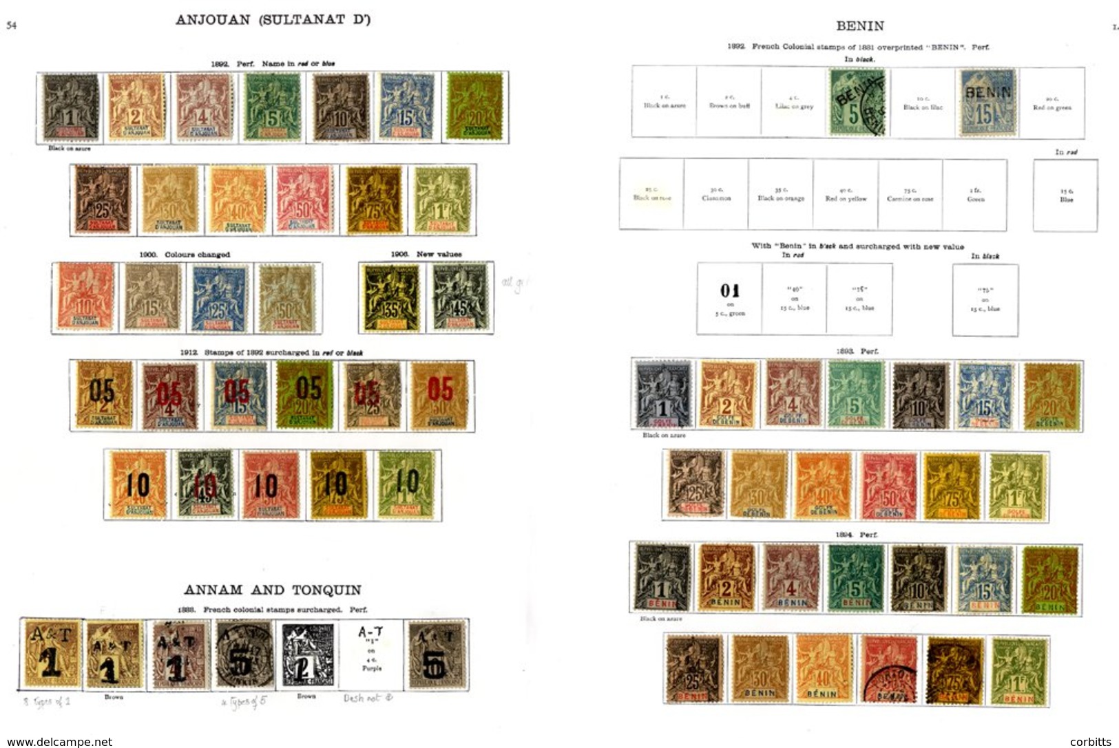 FRENCH COLONIES Collection Of Smaller Areas Incl. Benin With 1893 To 1f, 1894 To 1f, Anjouan 1892 To 1f, New Colours Sur - Sonstige & Ohne Zuordnung