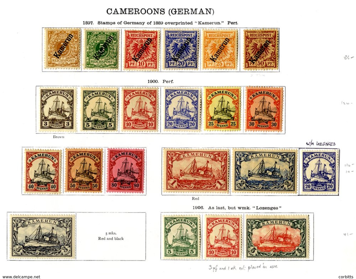 GERMAN COLONIES CAMEROUN 1897 Optd. Set M, 1900 No Wmk. Yacht Set To 3m M, 1900 Lozenges 5pf, 10pf, 20pf & 5m M. Cat. £3 - Sonstige & Ohne Zuordnung